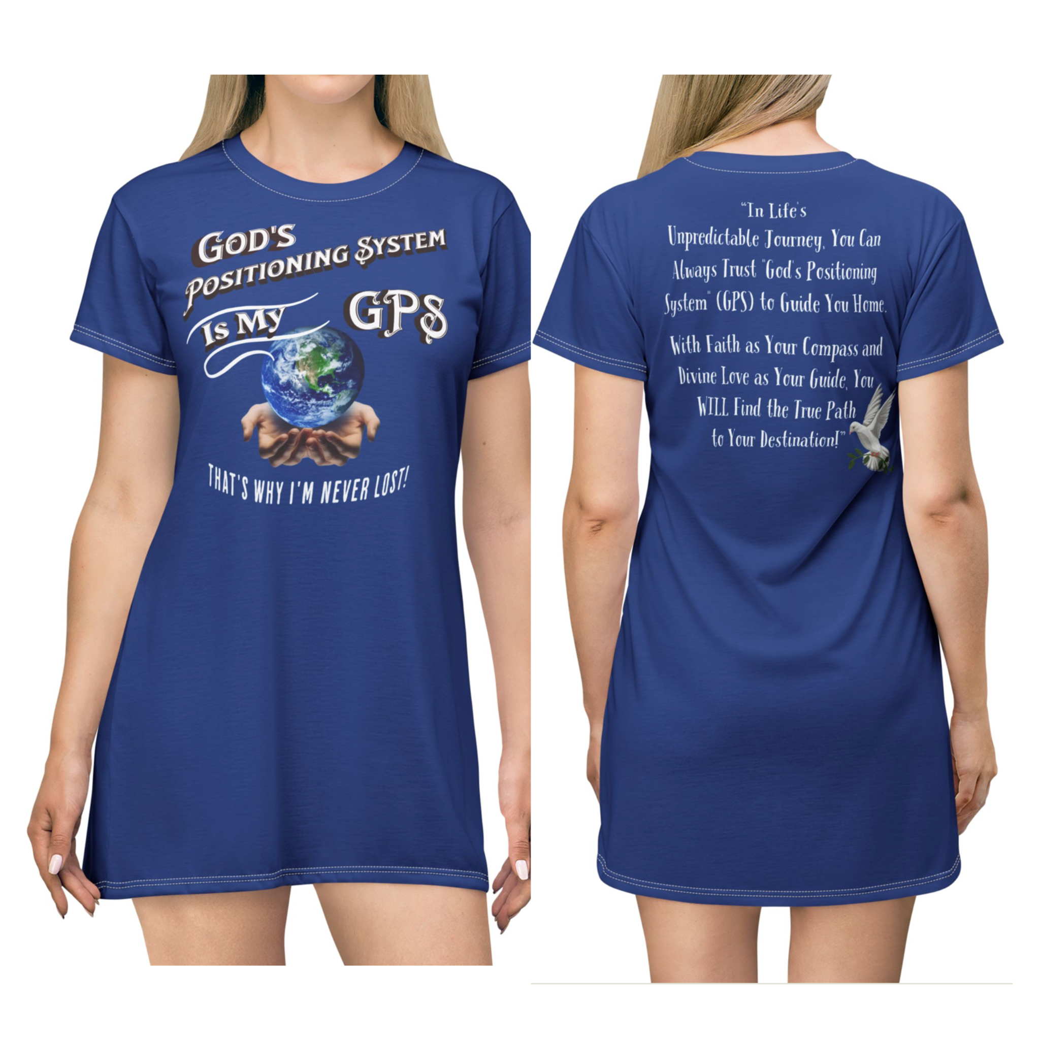 God's Positioning System (GPS) Beyond Blue Sleeper T-Dress With-A-Message. Match with CC Blu's Hipster Undies & Socks.