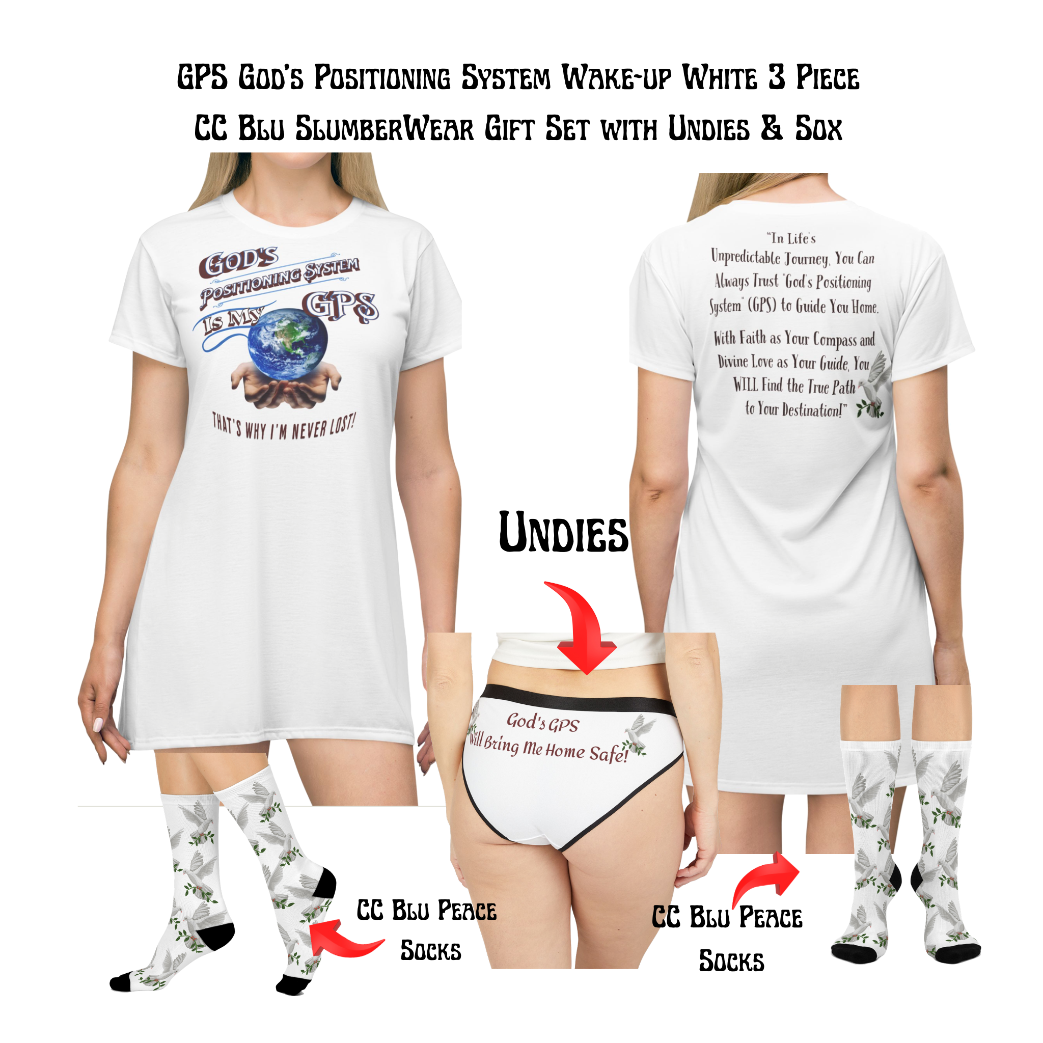 GPS God's Positioning System Whisper White Sleeper T-Dress With-A-Message. Match With CC Blu's SlumberWear Undies & Socks.
