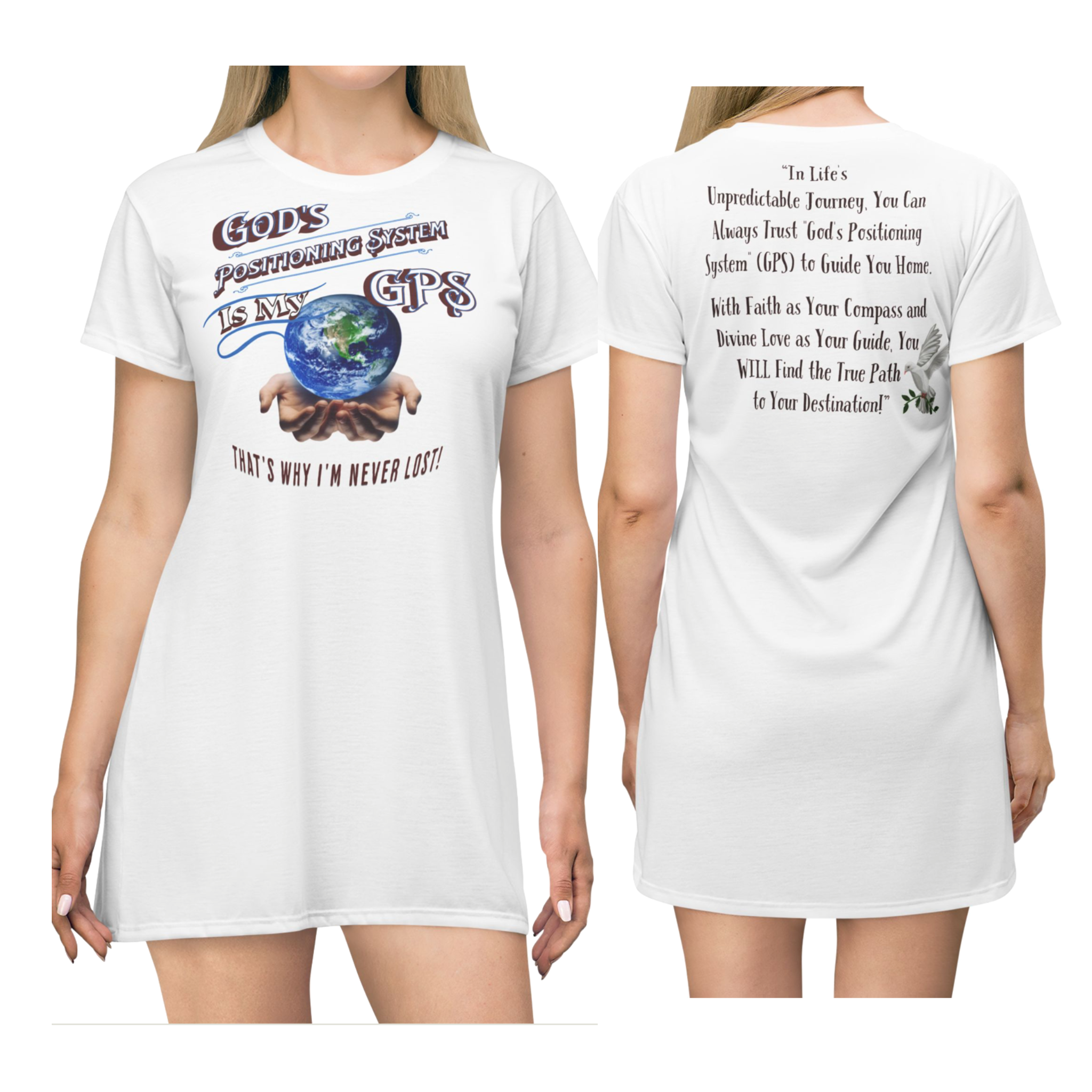 GPS God's Positioning System Whisper White Sleeper T-Dress With-A-Message. Match With CC Blu's SlumberWear Undies & Socks.