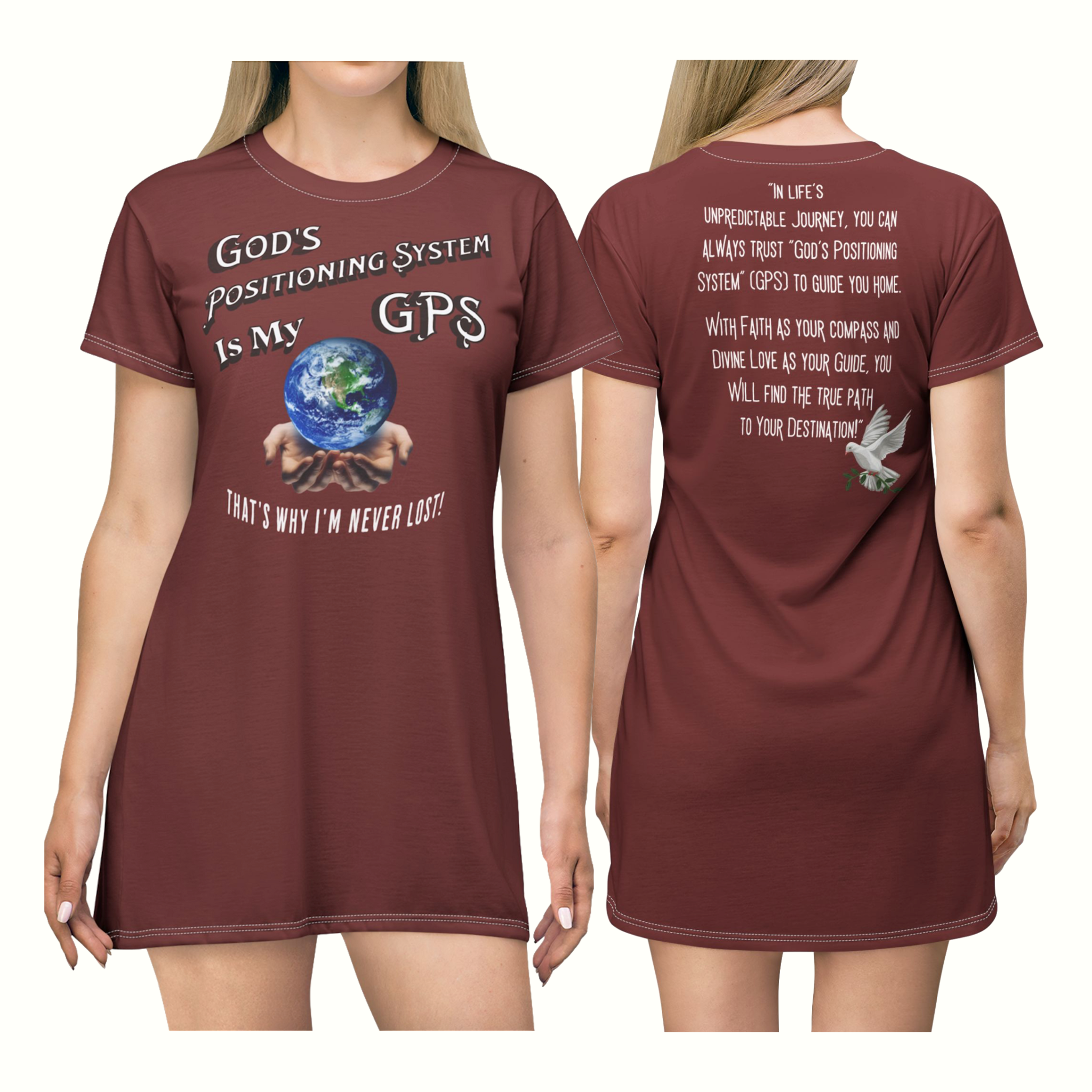 Gods Positioning System (GPS) Cardinal Red SlumberWear  T-Dress With-A-Message. Mix With CC Blu Matched Undies & Sox