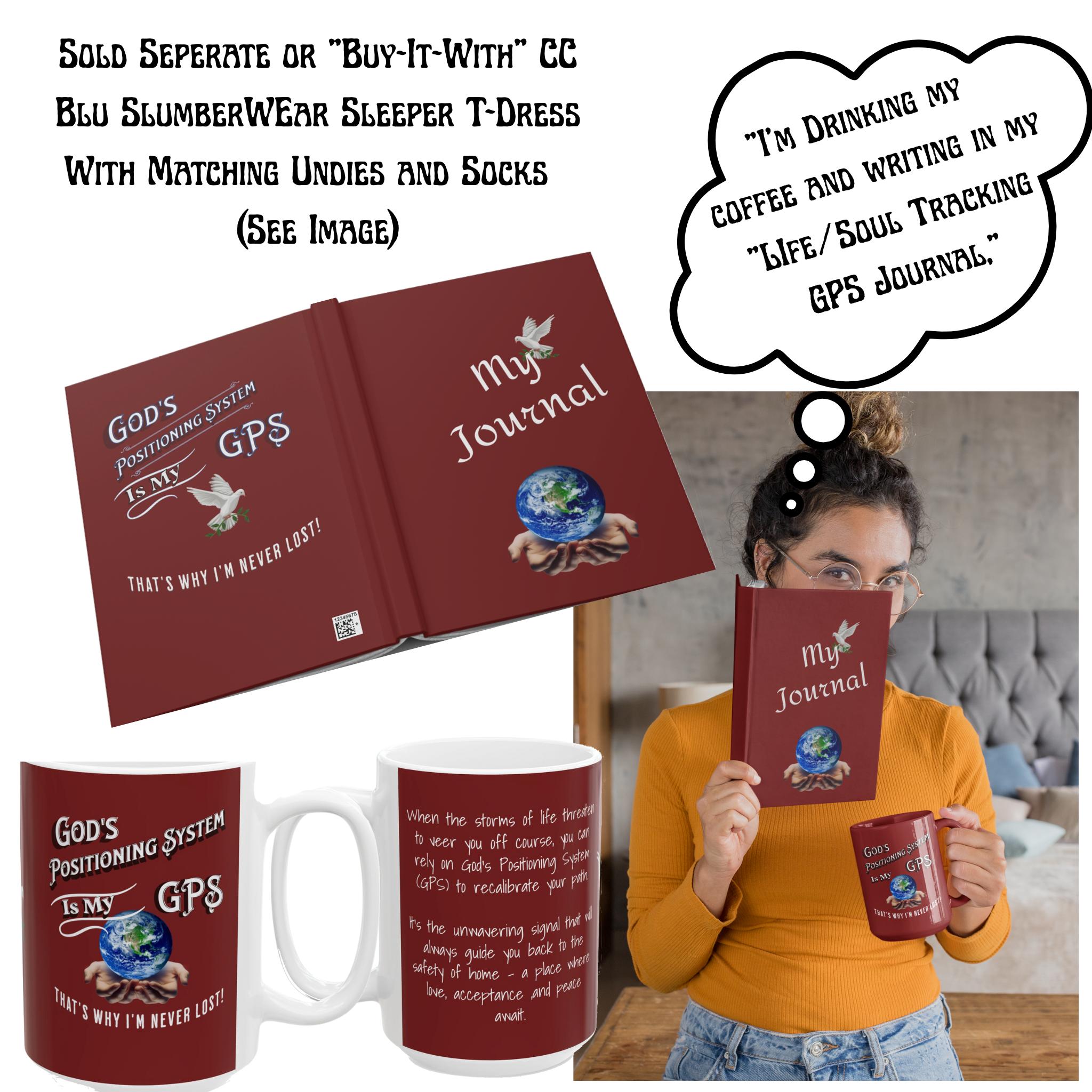 Gods Positioning System (GPS) Cardinal Red SlumberWear  T-Dress With-A-Message. Mix With CC Blu Matched Undies & Sox