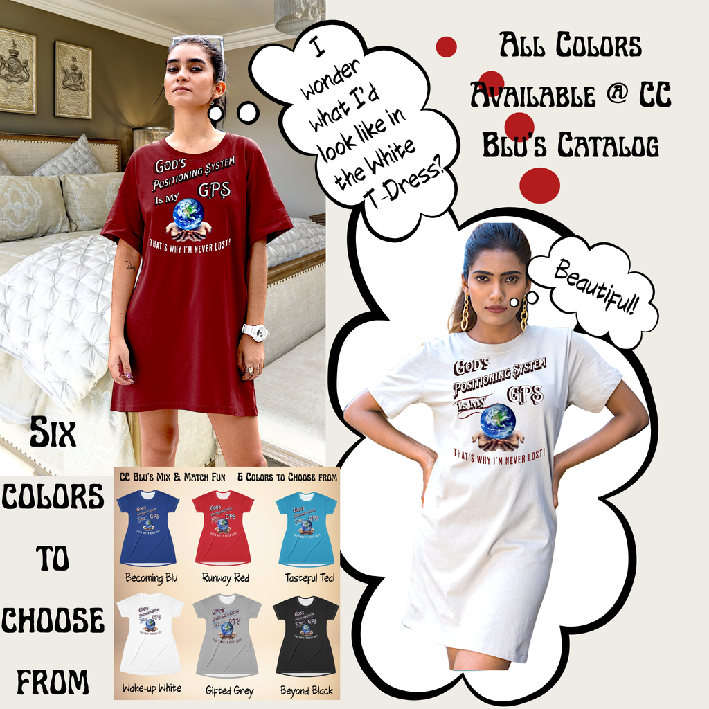 Gods Positioning System (GPS) Cardinal Red SlumberWear  T-Dress With-A-Message. Mix With CC Blu Matched Undies & Sox