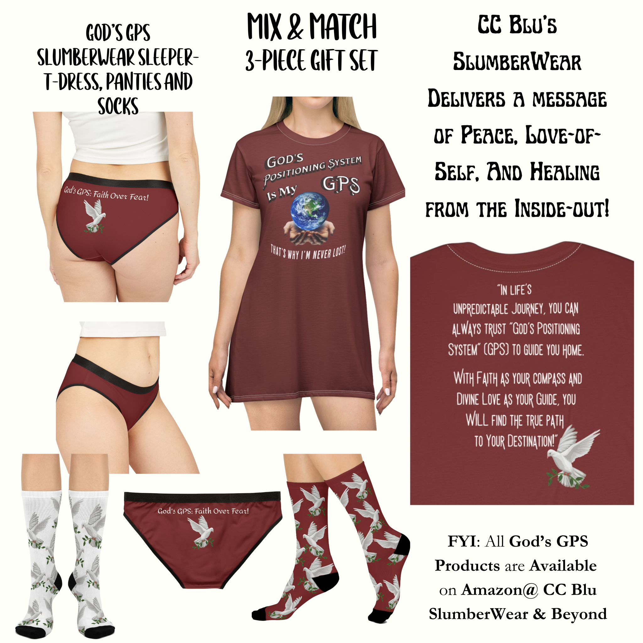 CC Blu's Cardinal Red 2 to 5 Piece SlumberWear Hipster Panties "Dove of Peace" With-A- Message Inspirational Gift Sets.