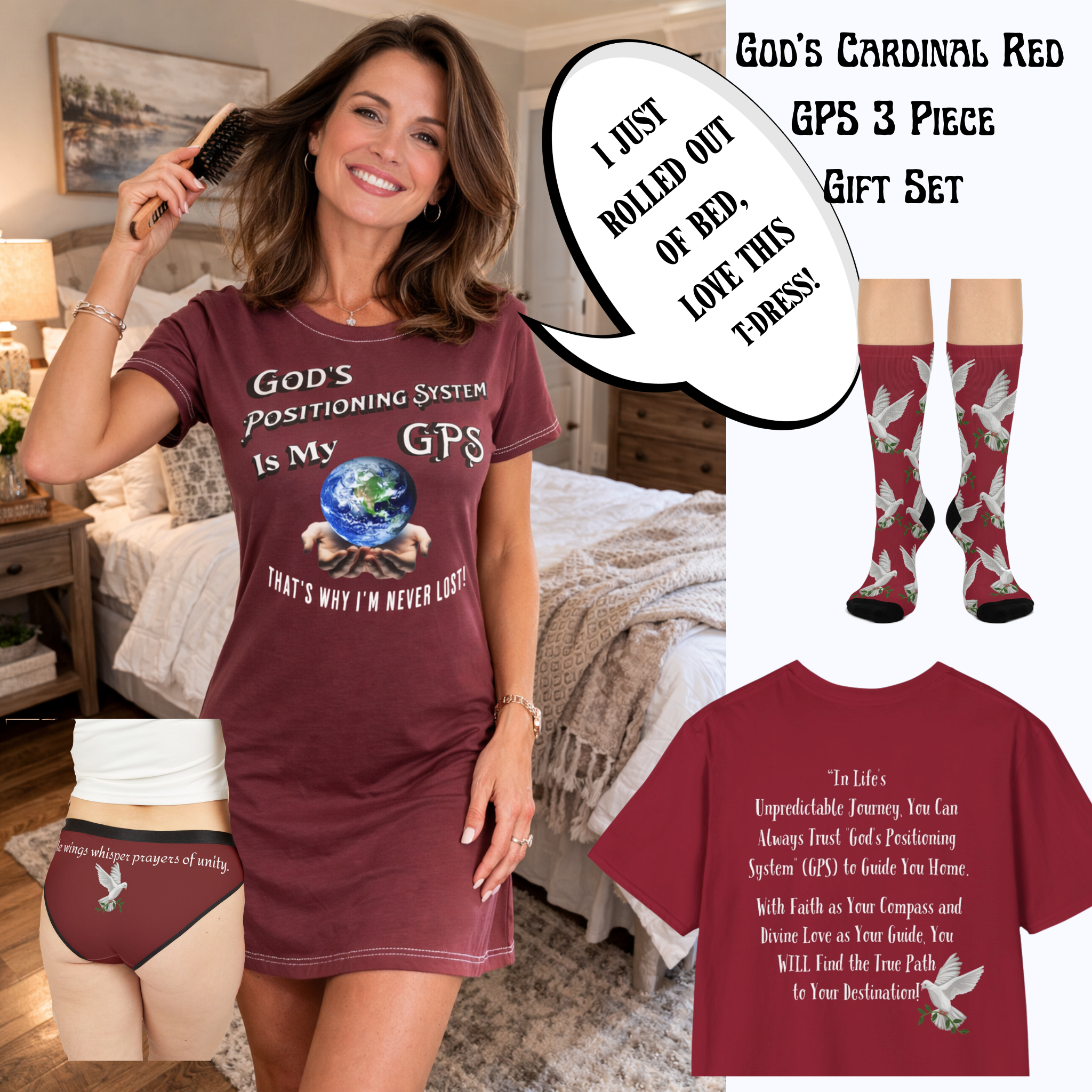 CC Blu's Cardinal Red 2 to 5 Piece SlumberWear Hipster Panties "Dove of Peace" With-A- Message Inspirational Gift Sets.