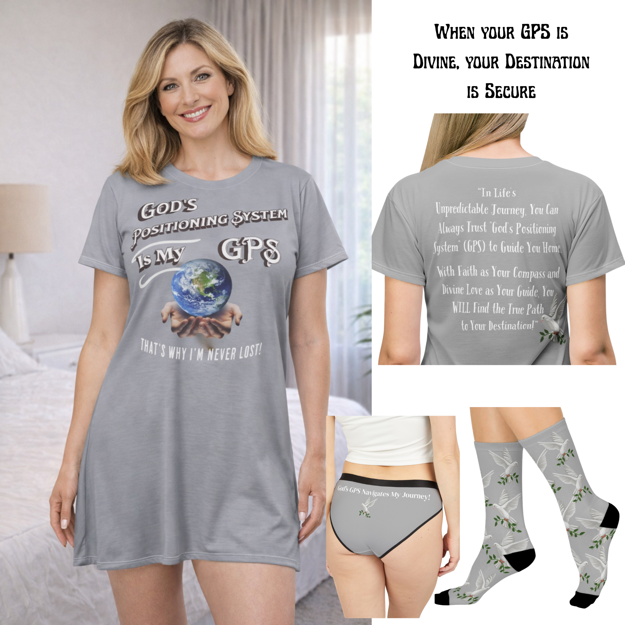 GPS Gifted Grey Ladies Inspirational Undies With-A-Message Will Match CC Blu's Grey SlumberWear T-Dress & Socks!