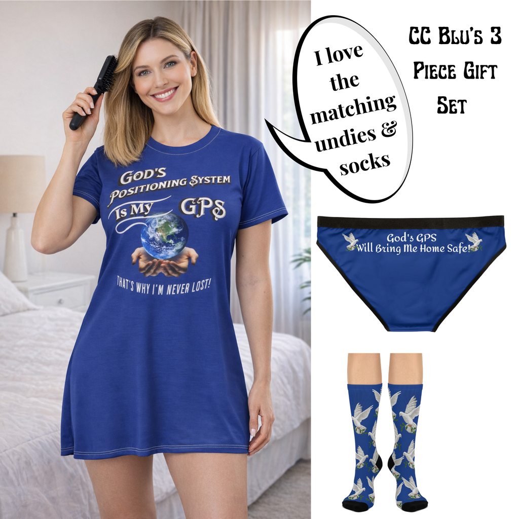 God's GPS Inspirational Becoming Blue Hipster Undies With-A- Message. Wear It With CC Blu's Matched SlumberWear T-Dress & Socks!
