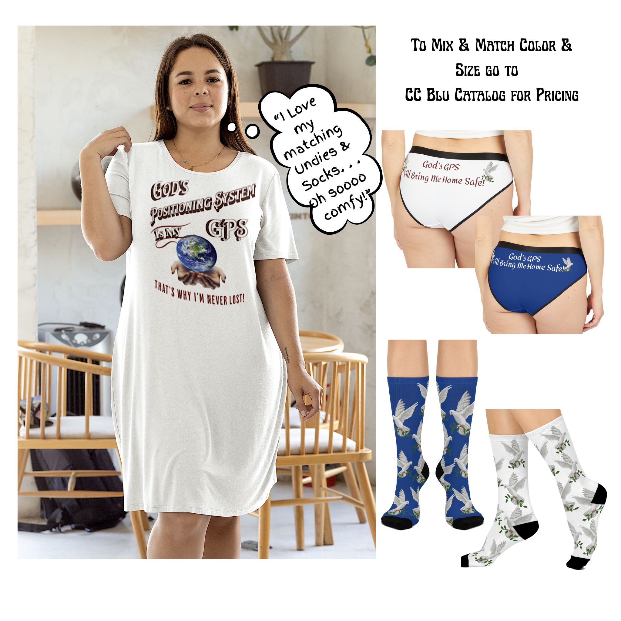 God's GPS Women's Inspirational Wake-up White Underwear With-A- Message! Match it With CC Blu's Sleeper Shirt T-Dress & Socks!