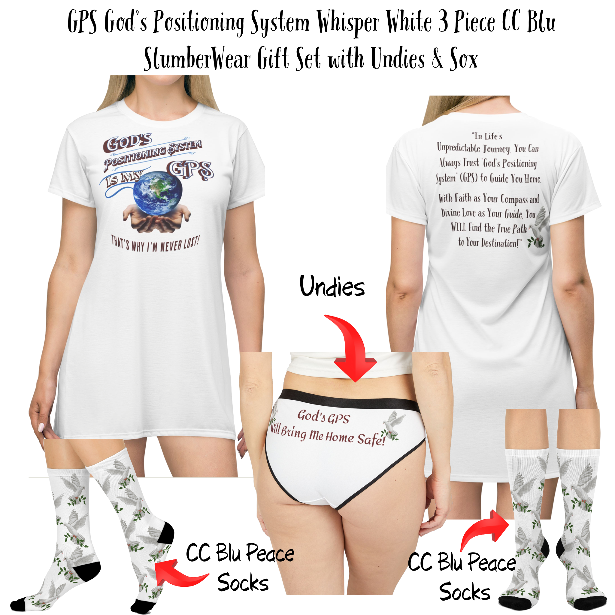GPS: God's Positioning System White Dove "Peace" Socks  Are Designed To Match CC Blu Sleeper Shirts &  Matching Undies