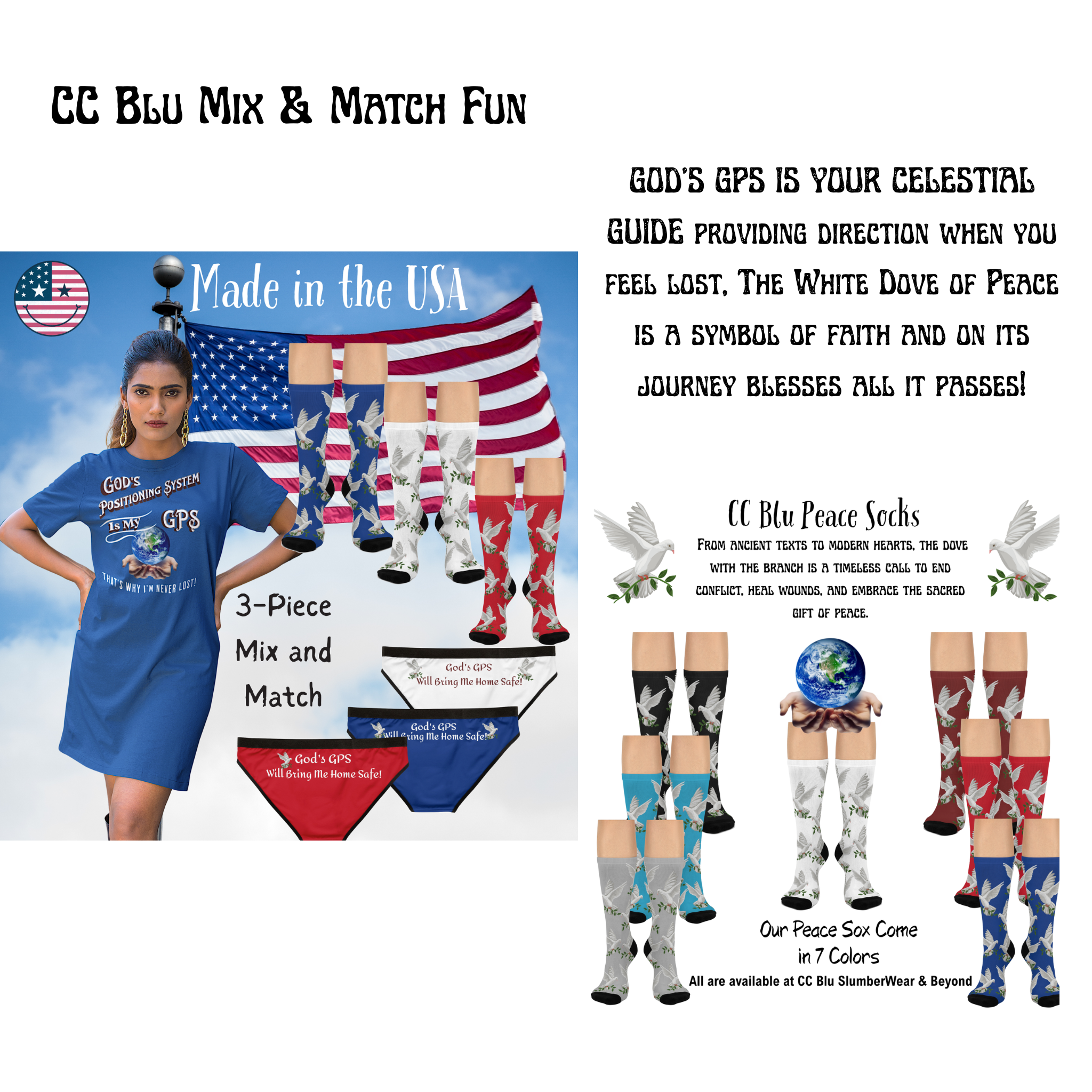 God's Positioning System GPS Beyond Blue Dove Peace Socks, Cushioned Heel-&-Toe. Matches All CC Blu's SlumberWear.