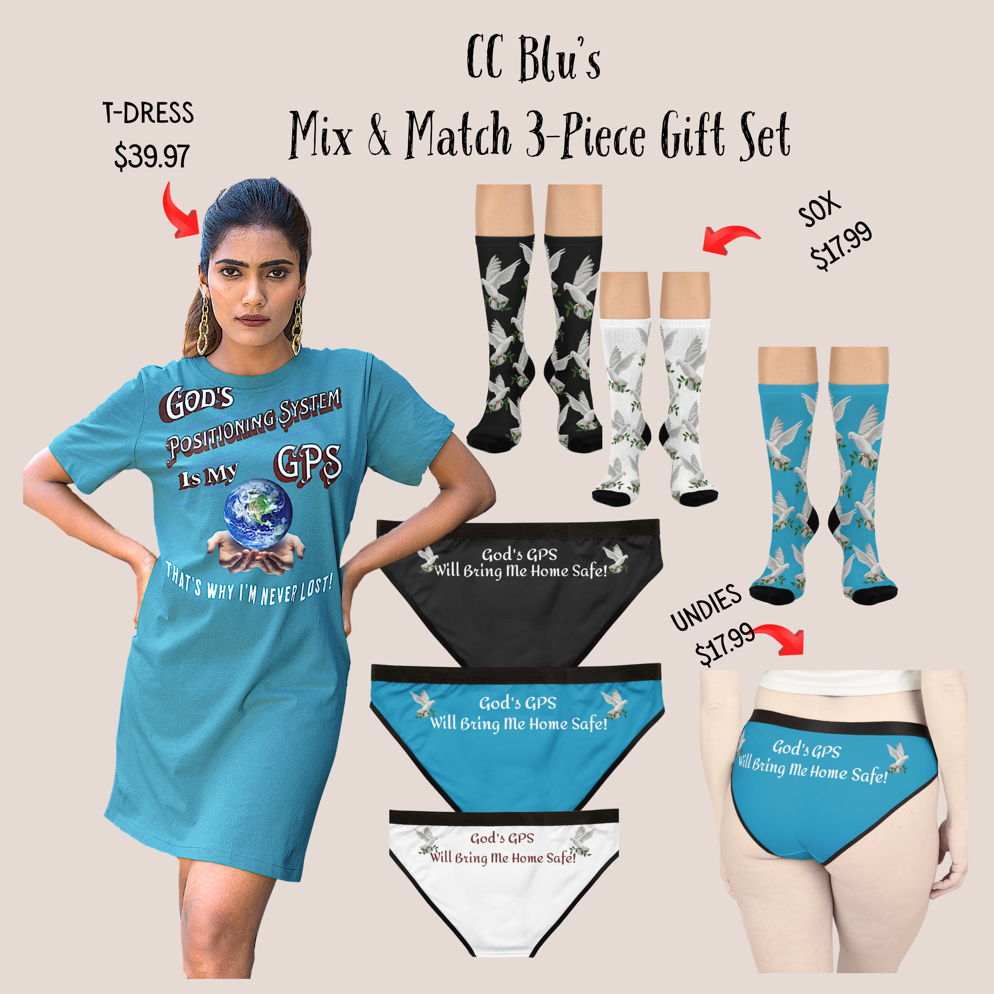 GPS: God's Positioning System Teal "Peace" Socks Cushioned Heel-&-Toe. Buy It With CC Blu's Matching Sleeper T-Dress & Undies