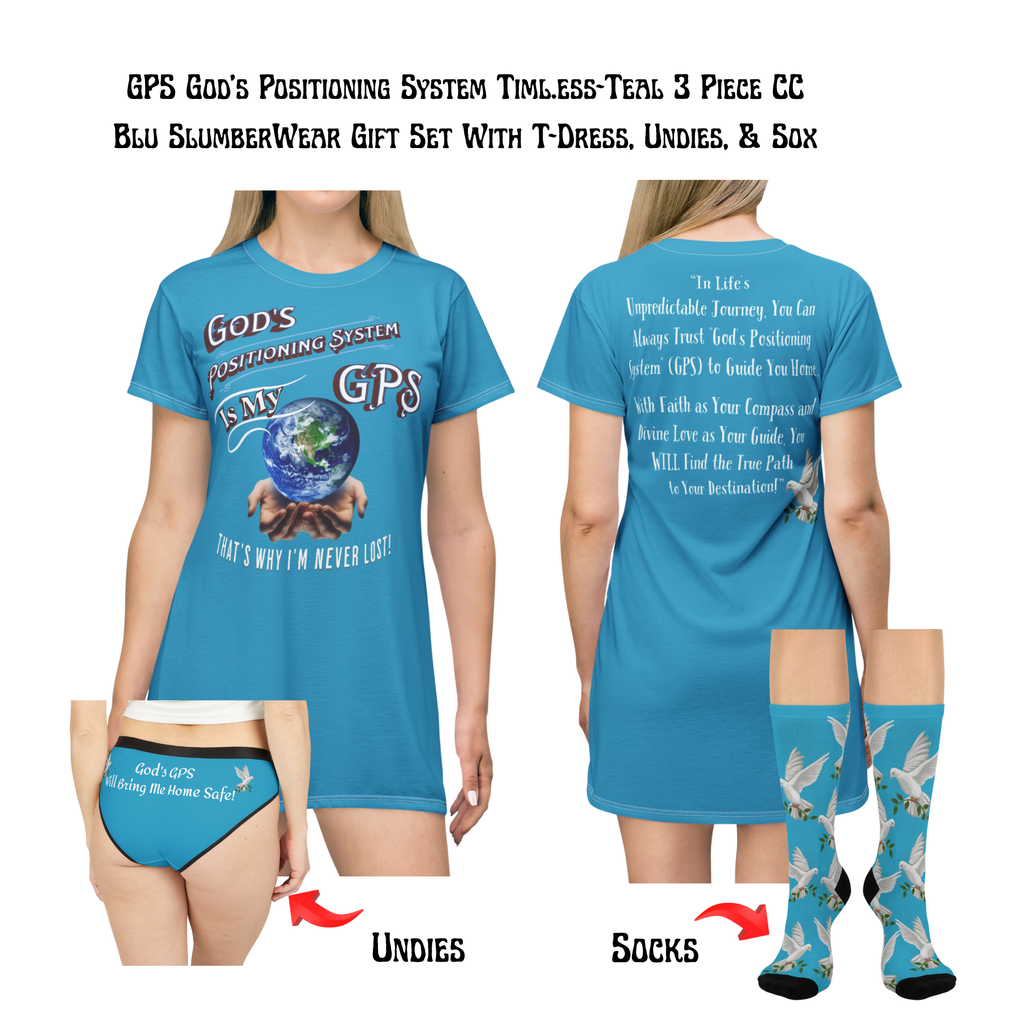 GPS: God's Positioning System Teal "Peace" Socks Cushioned Heel-&-Toe. Buy It With CC Blu's Matching Sleeper T-Dress & Undies