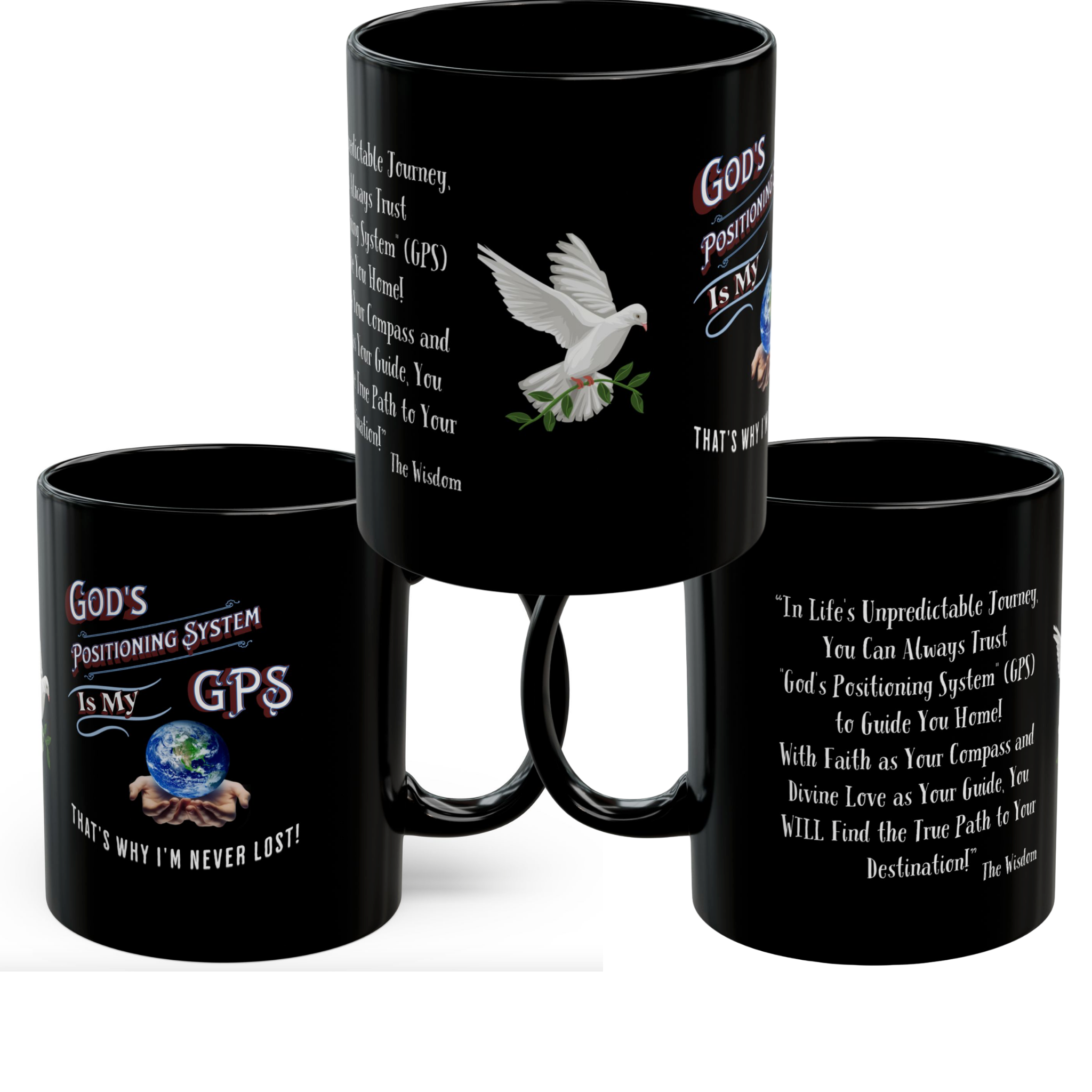GPS  Inspirational Black 15 Oz Mug-With-A-Message. Match With Beyond Black Night-Time T-Dress, & Soul-Tracking Journal.