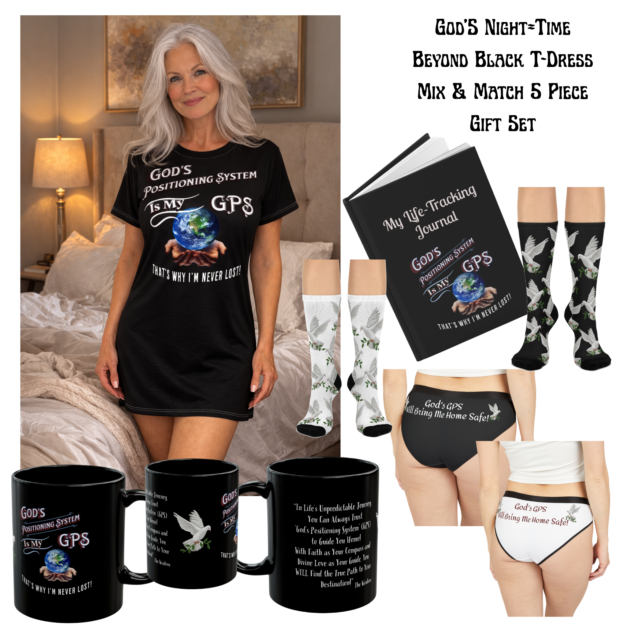 Woman wearing a black t-shirt with text, surrounded by 'God's Night-Time Beyond Black' product set including mugs, socks, and underwear.