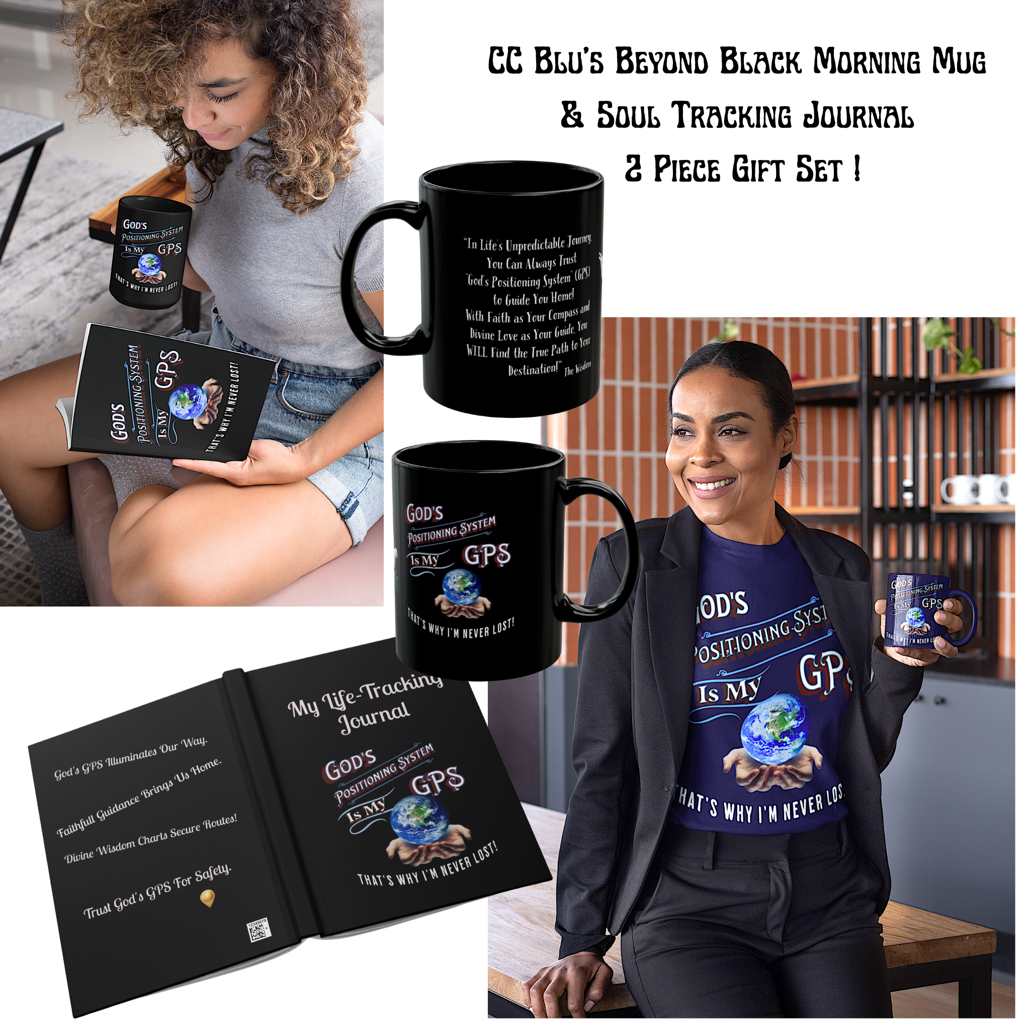 Collage of a woman with 'God's Positioning System' mug and journal, with text about a gift set.
