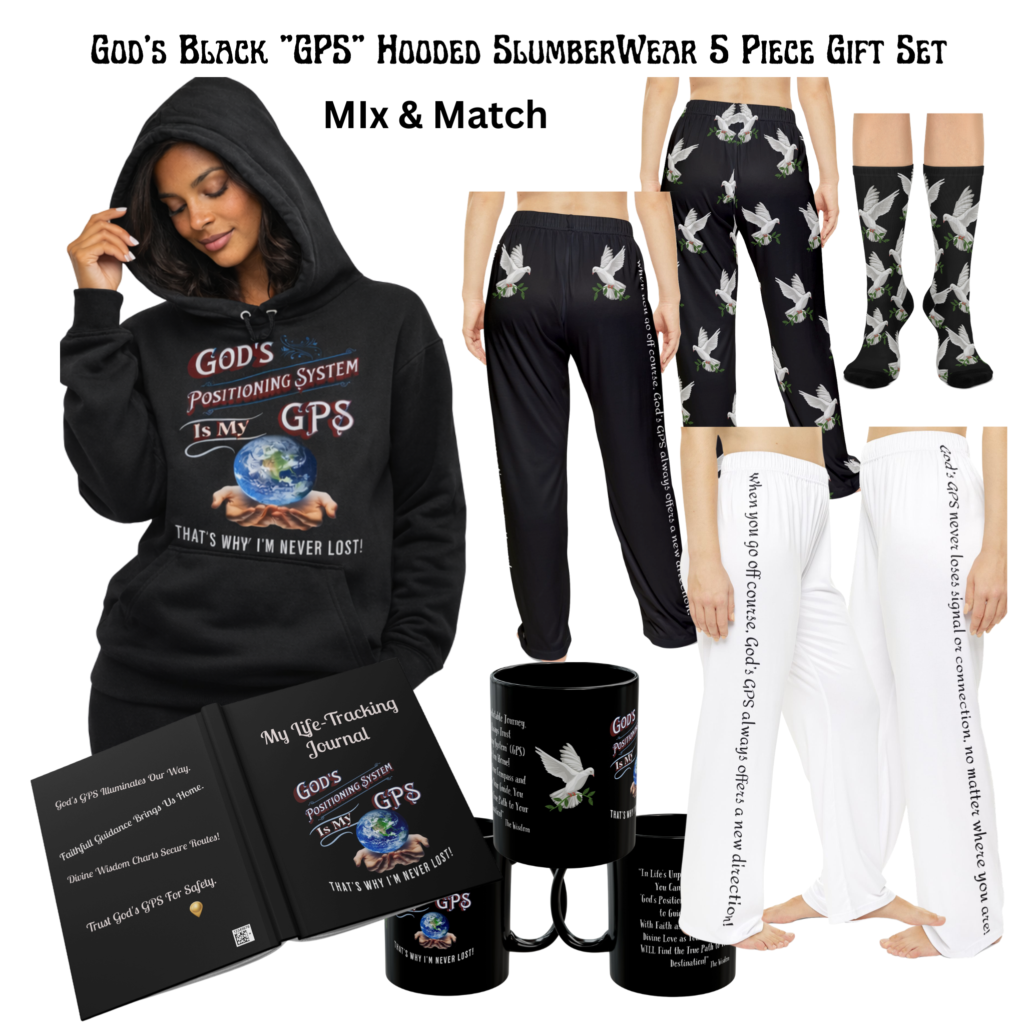 GPS Black. SlumberWear Hooded Sleep-Shirt  Designer Premium Quality. Made With Love Just 4 You. Women's 5 Piece Gift Set Available