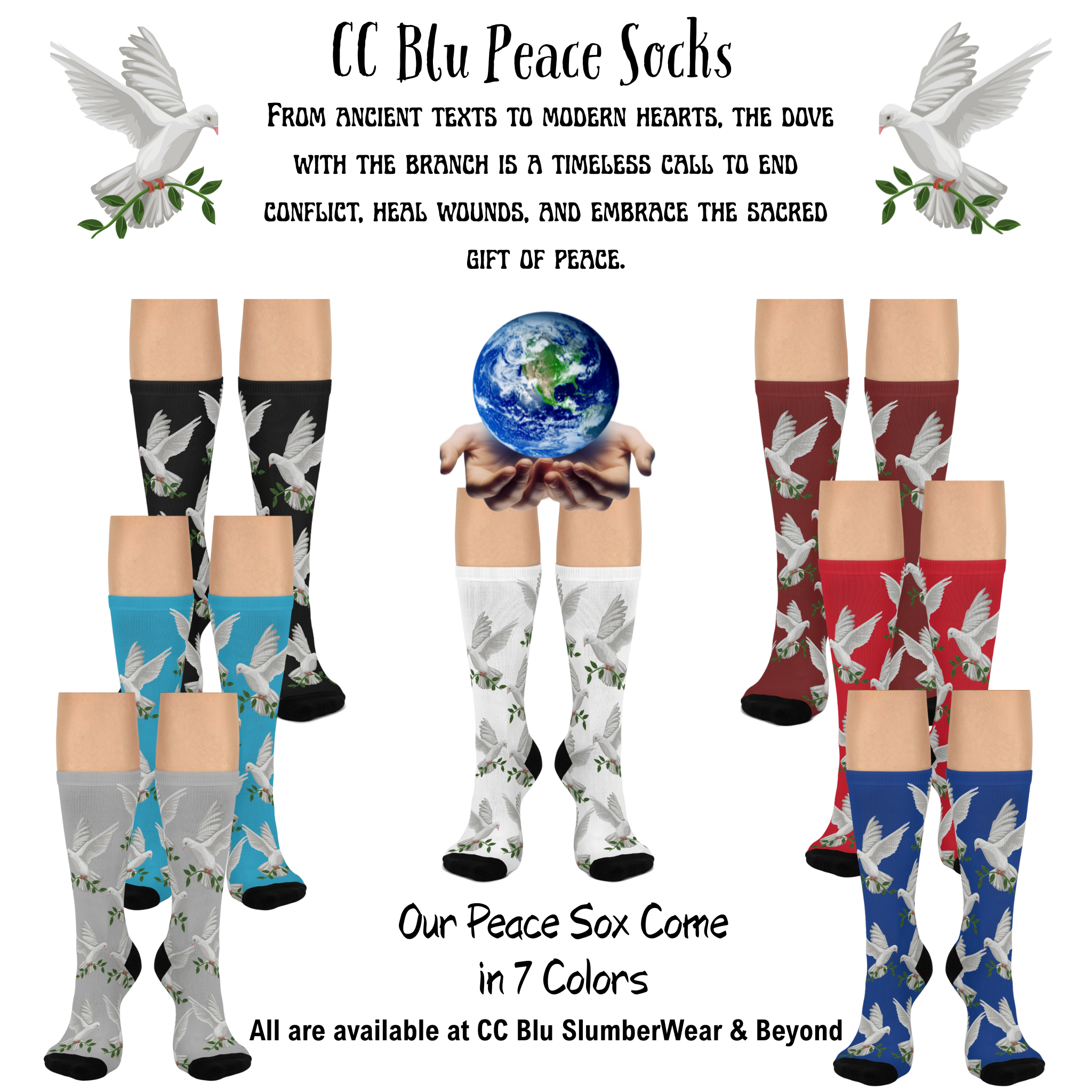 GPS: God's Positioning System Blue Jean "Dove of Peace" Socks  Are Designed To Match All CC Blu Blue Jean Slumbrtwear