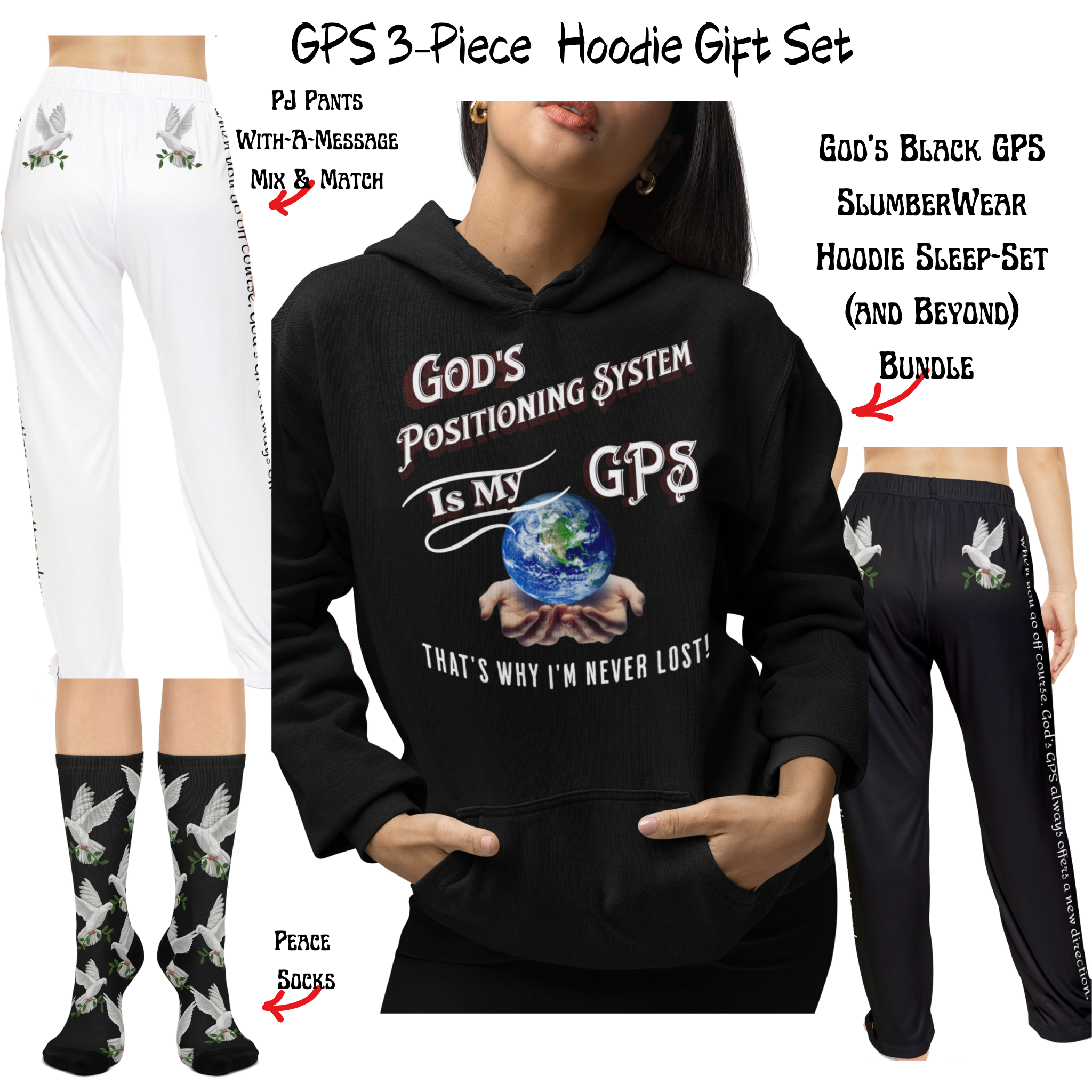 CC Blu's Black Dove of Peace Pajama Bottoms are Made to Match God's GPS Black Hooded Sleeper Shirt!