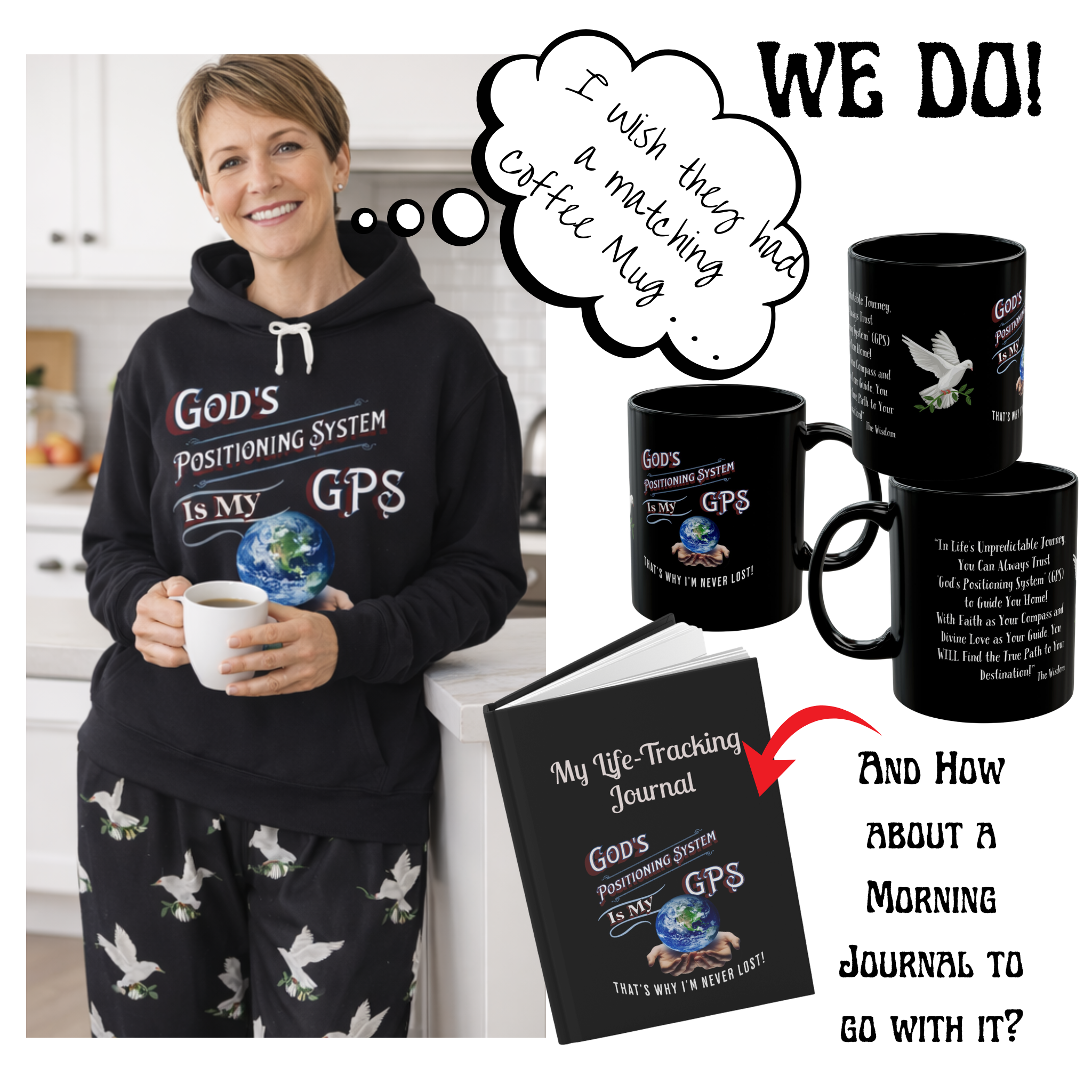 Gods Positioning System Black "GPS" PJ  Bottoms with Driving Directions on Each Leg Are A  Perfect match for CC Blu's Hooded Sleep-top