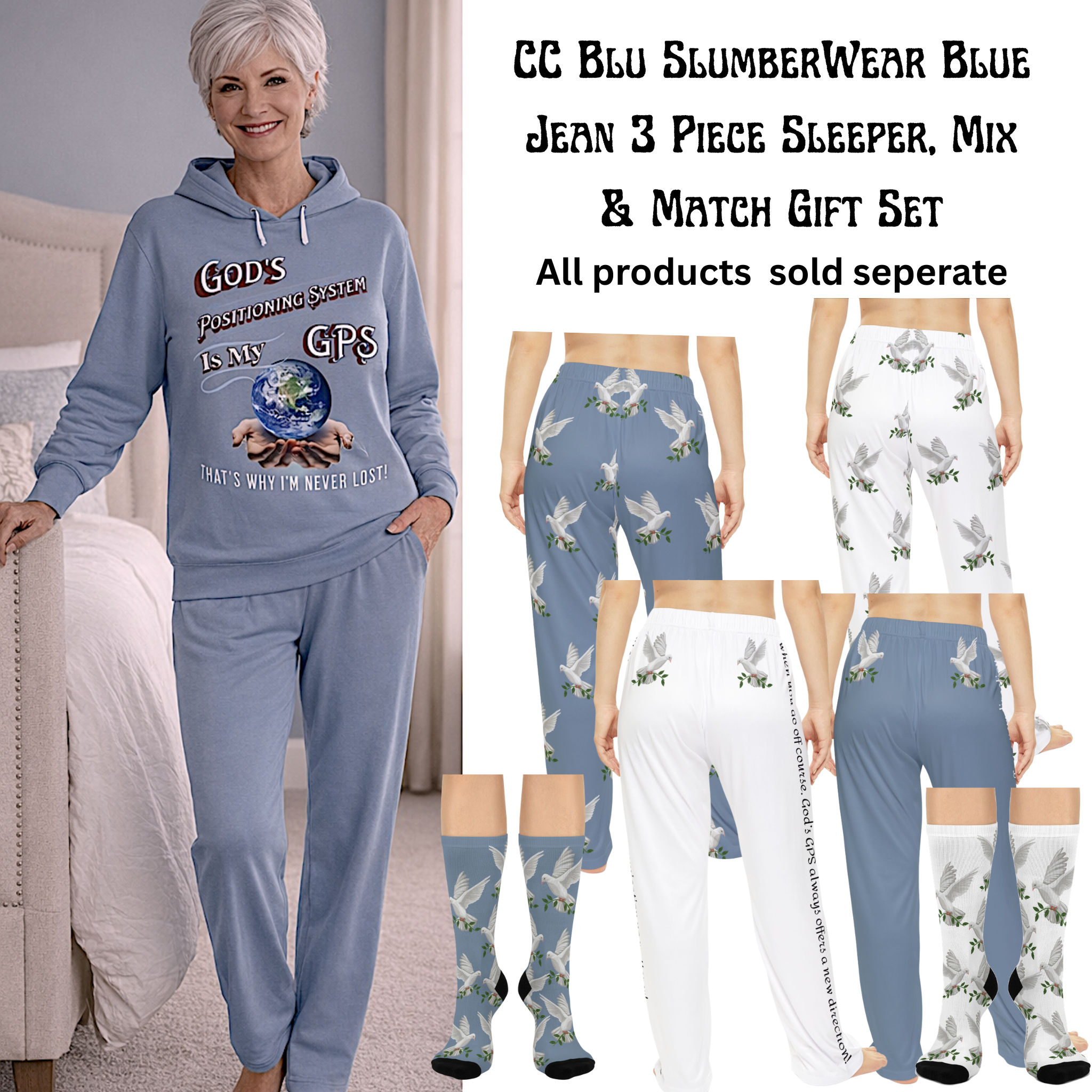 God's Blue Jean GPS Pajama Bottoms With a Message Have Driving Directions on Each Side, Match it with Blue Jean Premium Hoodie Sleep-Shirt & Socks