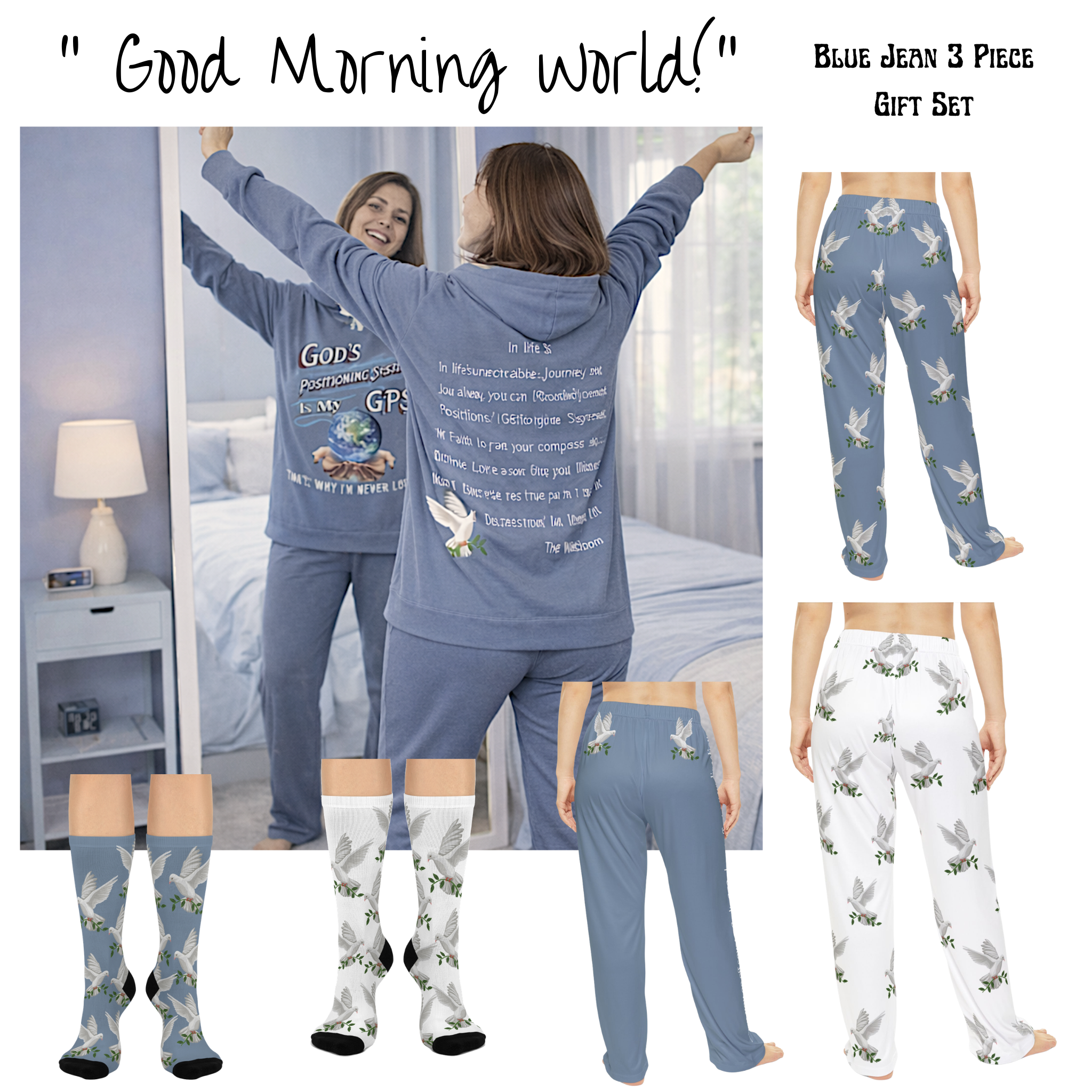 God's Blue Jean GPS Pajama Bottoms With a Message Have Driving Directions on Each Side, Match it with Blue Jean Premium Hoodie Sleep-Shirt & Socks