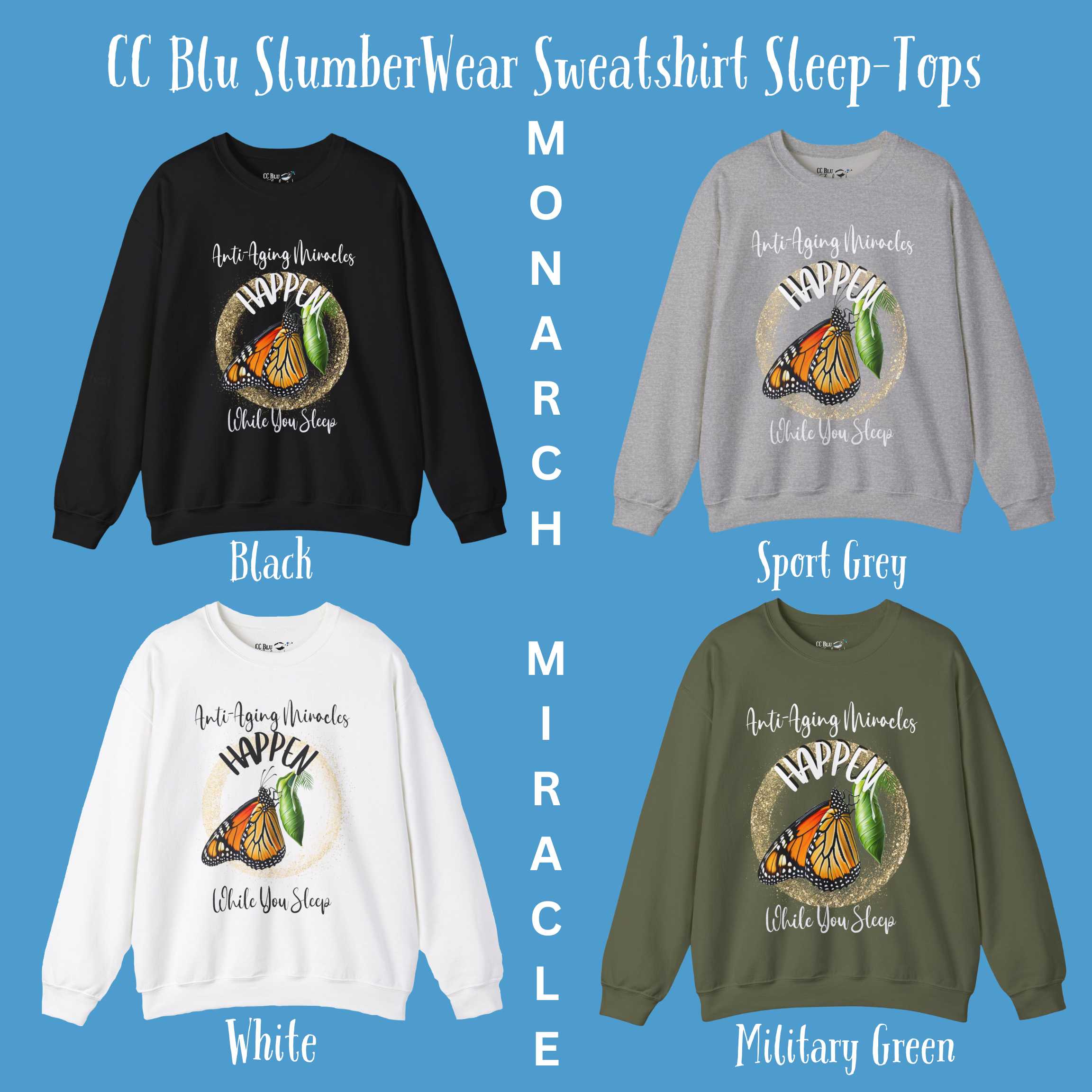Women's Monarch Inspirational Carolina Blue Butterfly Pajama Pants!  Mix & Match CC Blu's Sweatshirt Sleep-Top & Socks!