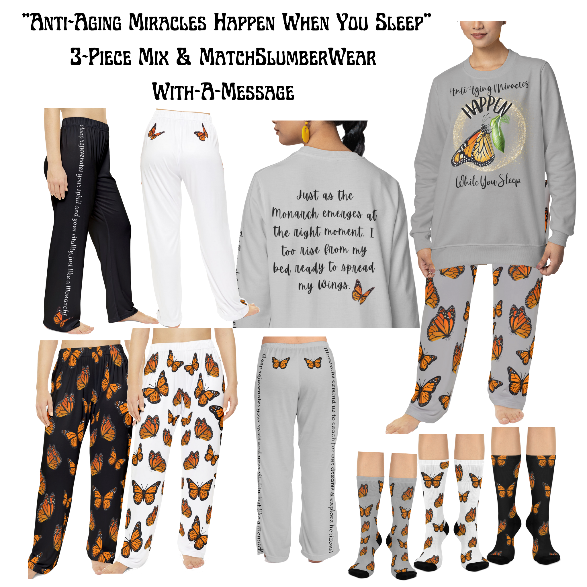 Women's Inspirational Monarch Miracle White Pajama Pants With-A-Message! Pair Them With Monarch Racerback Sleeper-Tank for Summer Fun!