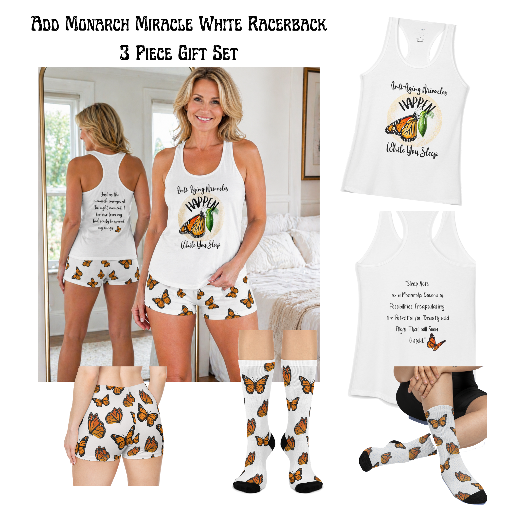Monarch Miracle Women's White Butterfly  Cushioned Heel-to-Toe Super Crew Stretch Socks! Match With CC Blu's SlumberWear.
