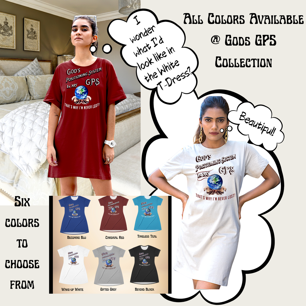 Gods Positioning System (GPS) Cardinal Red SlumberWear T-Dress With-A-Message. Mix-It With CC Blu's Seep Shorts & Socks.
