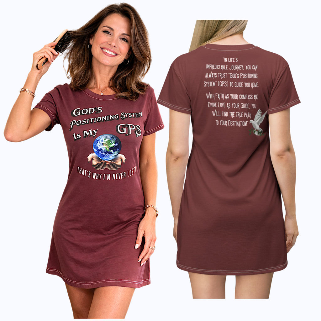 Gods Positioning System (GPS) Cardinal Red SlumberWear T-Dress With-A-Message. Mix-It With CC Blu's Seep Shorts & Socks.
