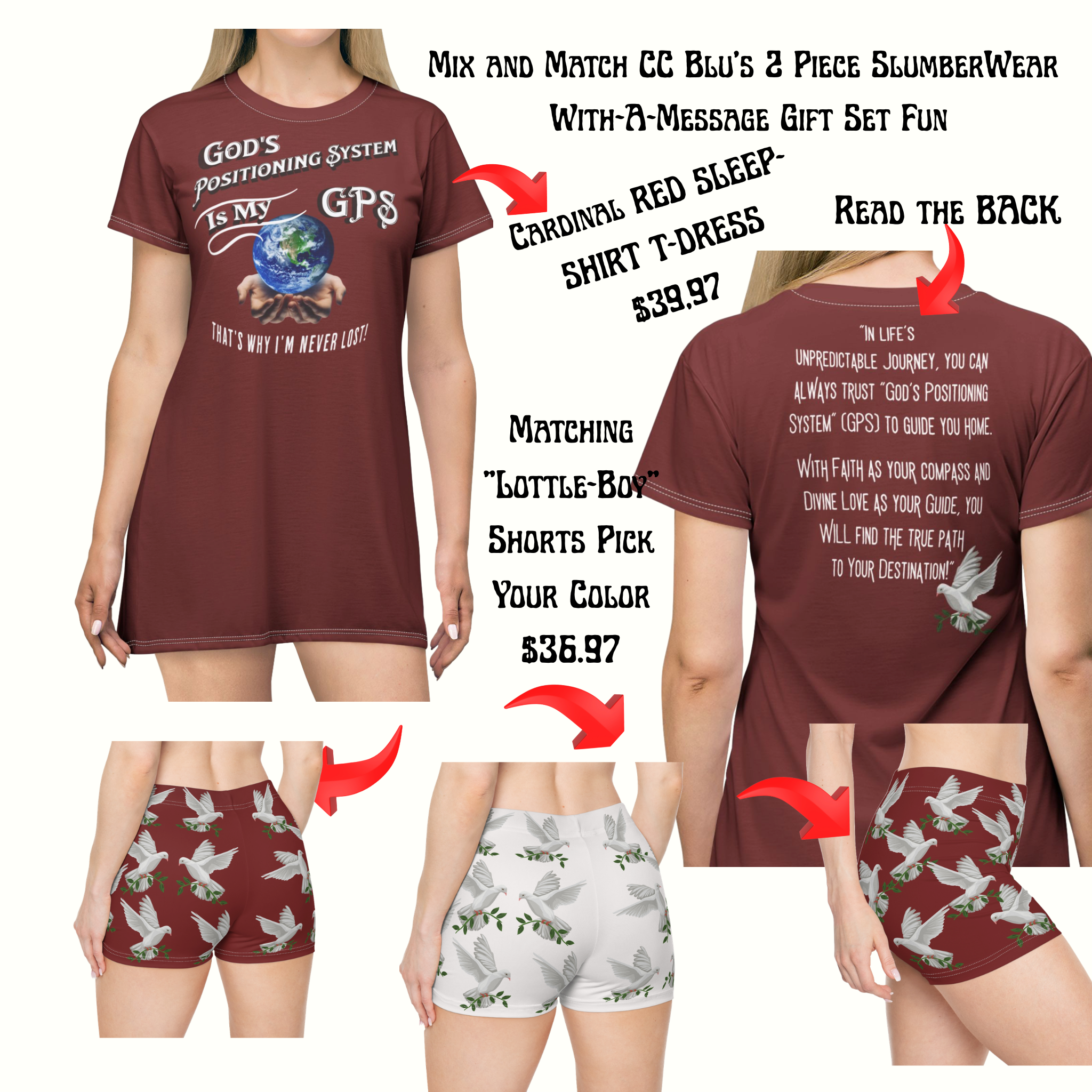 Women's GPS Cardinal Red Dove of Peace, Little-Boy Sleep-Shorts Match CC Blu's SlumberWear-T Dress & Socks Gift Set.