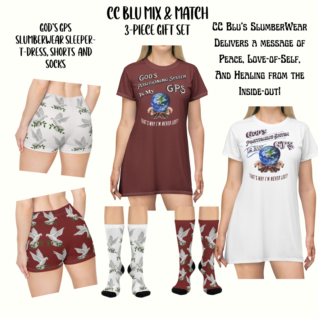 God's GPS Cardinal Red "Dove Of Peace" Socks Will Guide Your Feet Home! Match Them With CC Blu's Sleeper T-Dress & "Little-Boy" Shorts.