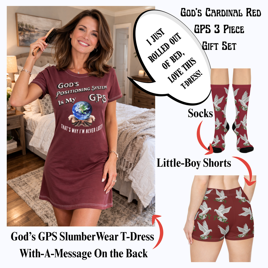 God's GPS Cardinal Red "Dove Of Peace" Socks Will Guide Your Feet Home! Match Them With CC Blu's Sleeper T-Dress & "Little-Boy" Shorts.