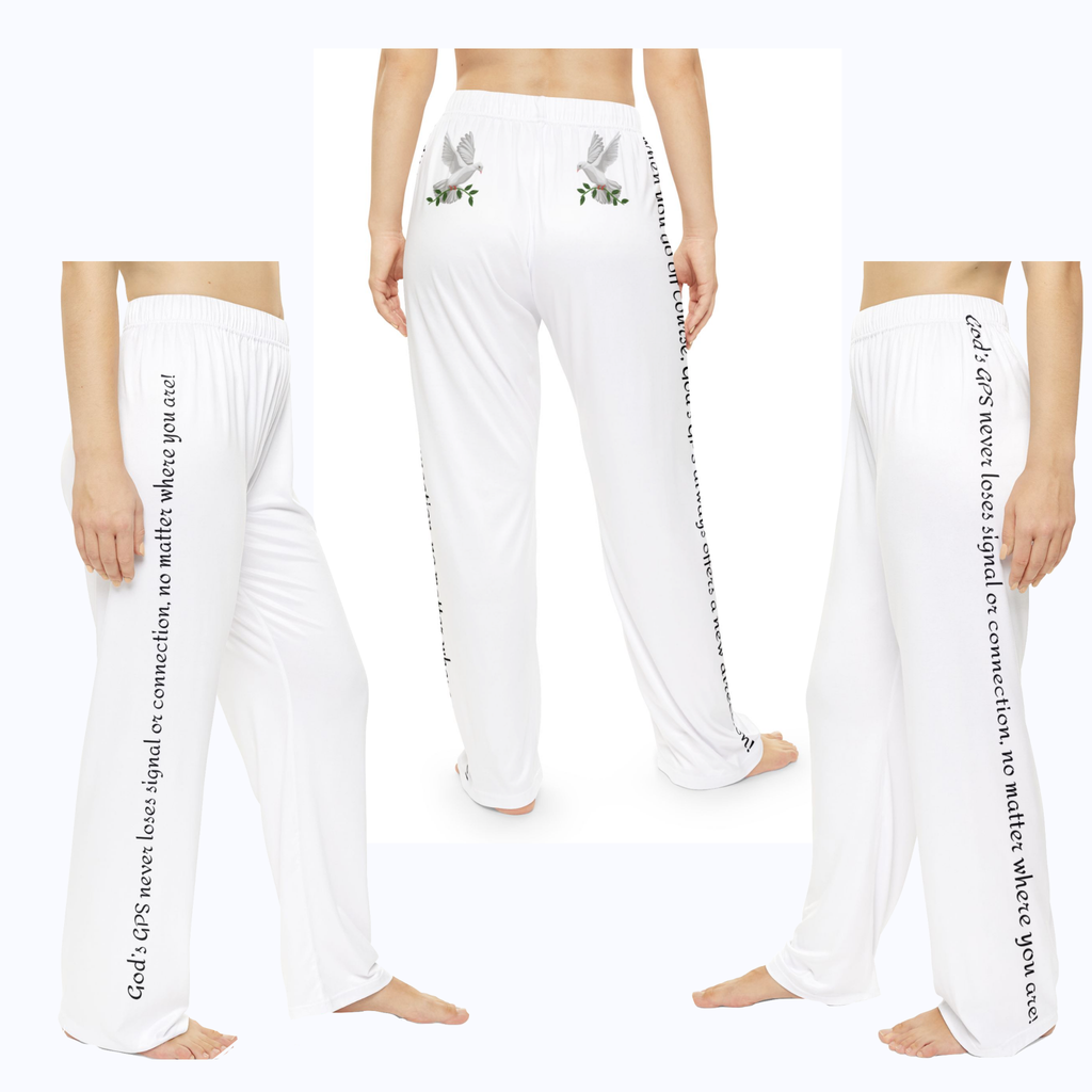 GPS White Peace Dove Pajama Bottoms With God's Driving Directions Down The Pants To Keep You Safe At Night!