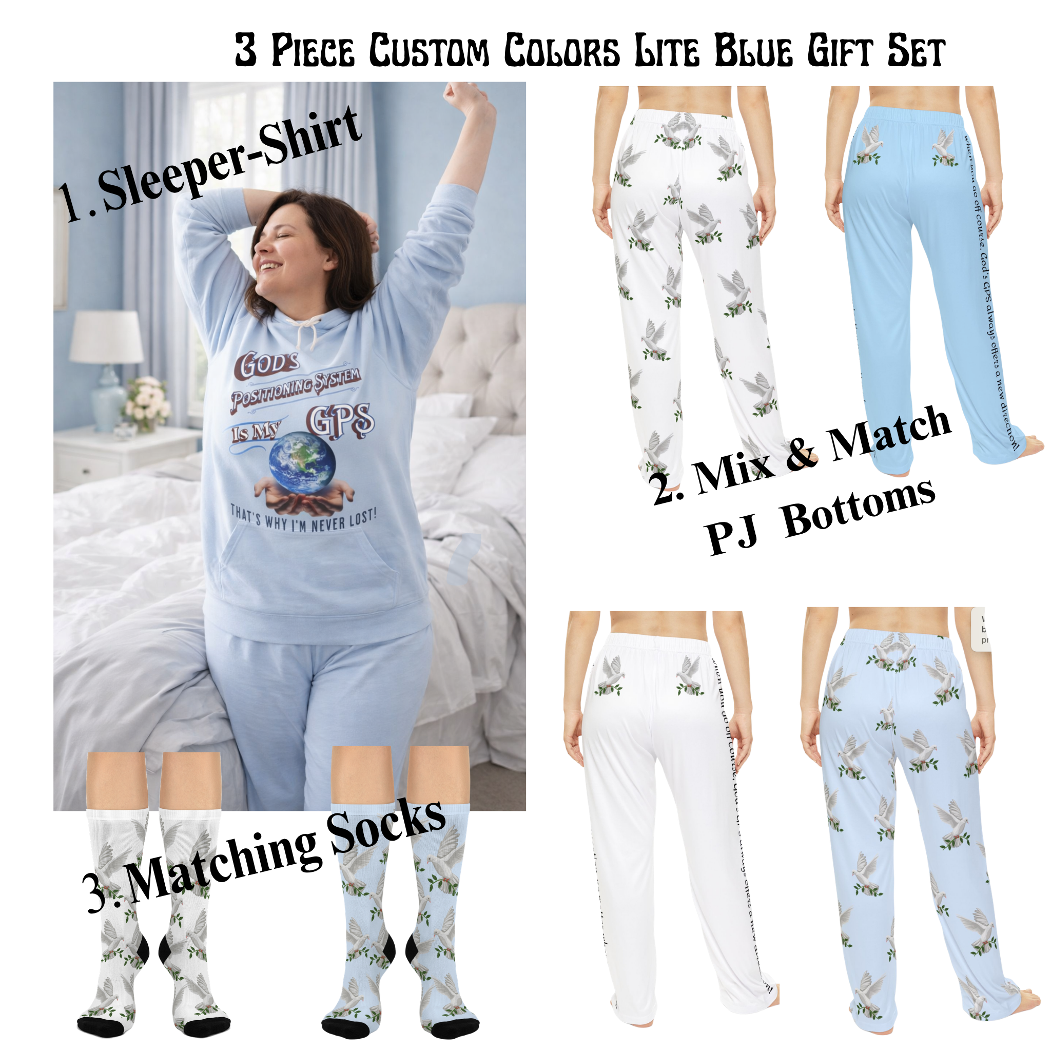 GPS Women's Blue Peace Dove Pajama Pants. Buy With CC Blu's Premium Matching Sweatshirt Sleep Hoodie & Socks!