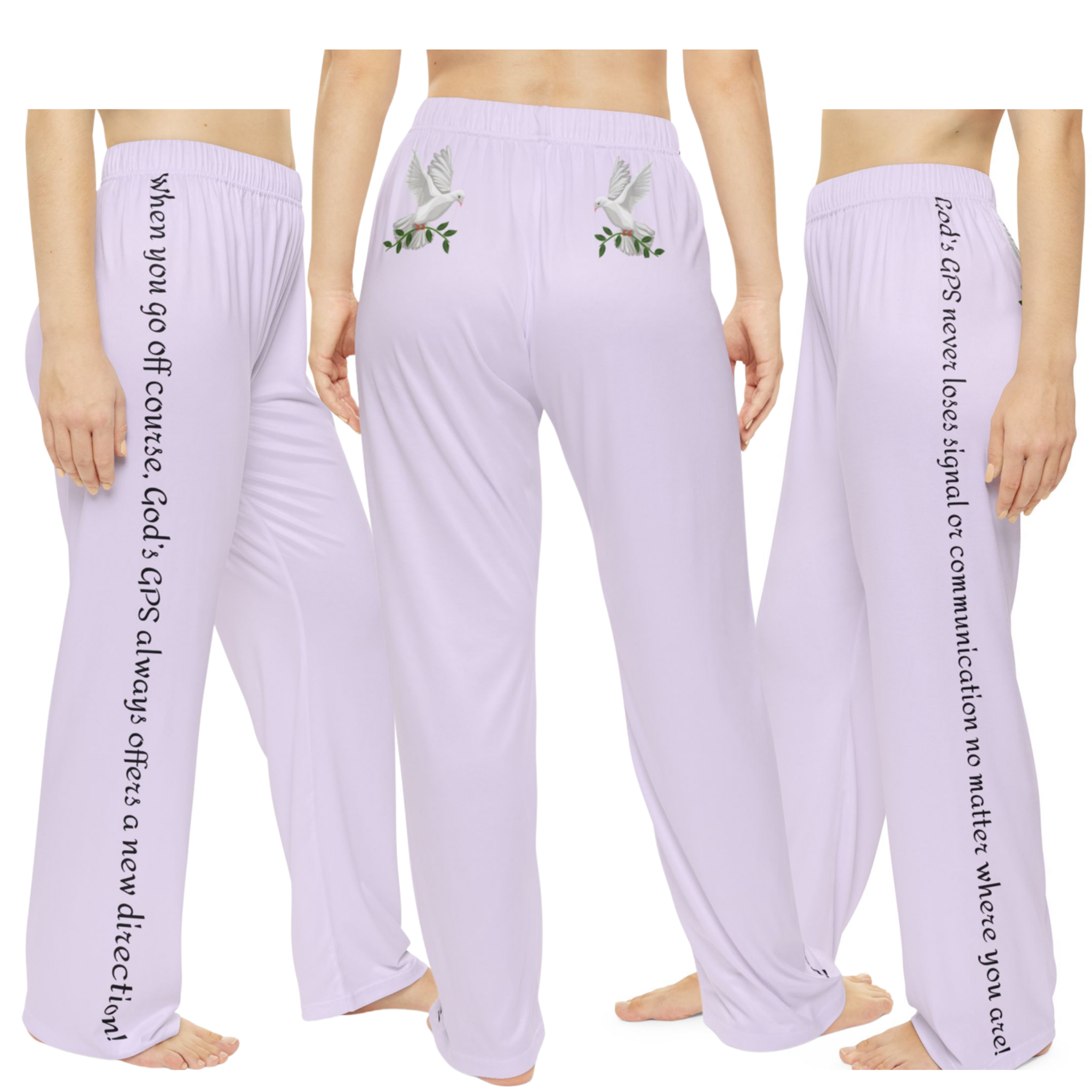 GPS Shades of Lilac Peace Dove Pajama Bottoms With God's Driving Directions (Down The Legs) To Keep You Safe At Night!