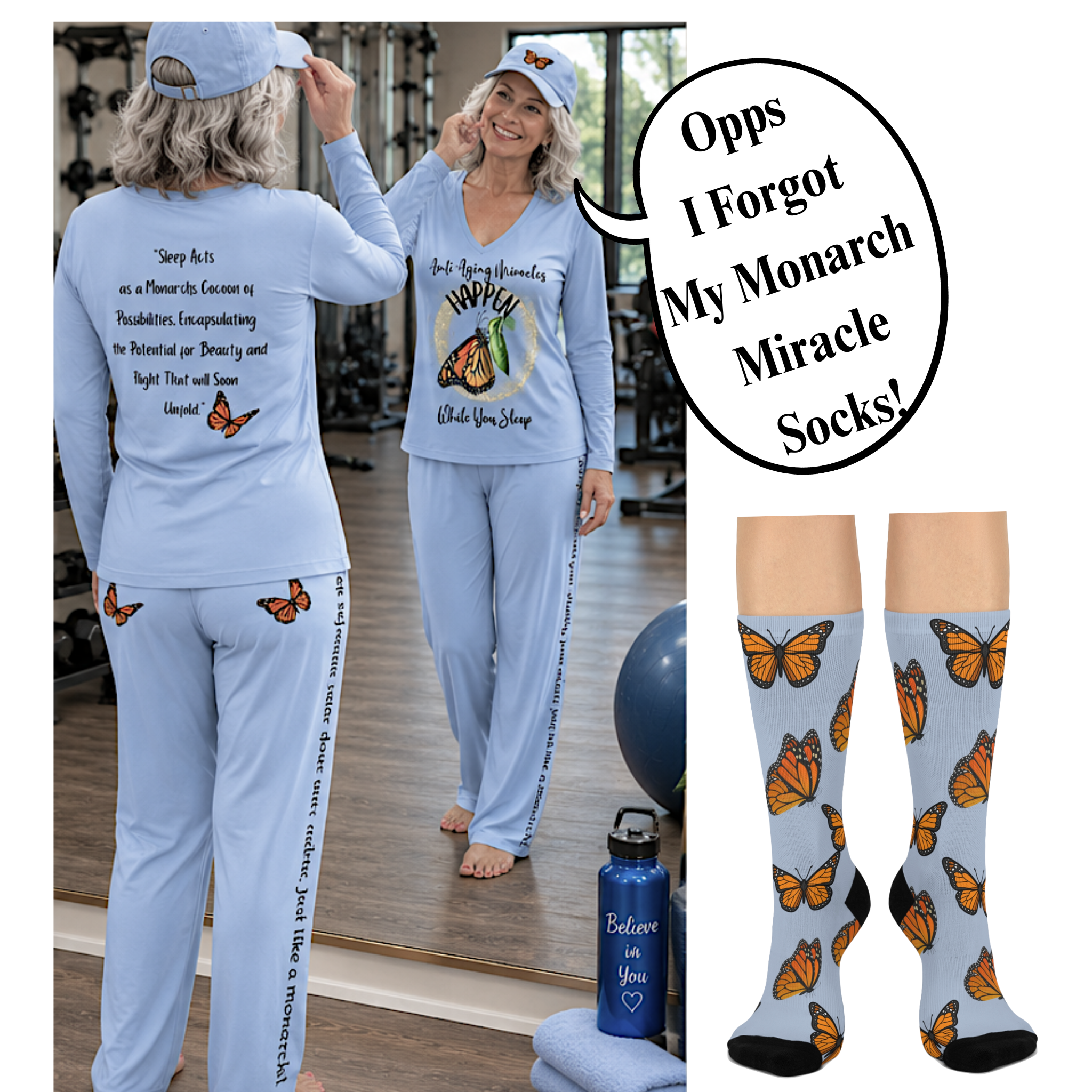 Monarch Miracle Women's Light Blue Butterfly  Cushioned Heel &Toe Super Crew Stretch Socks! Match With CC Blu's SlumberWear.