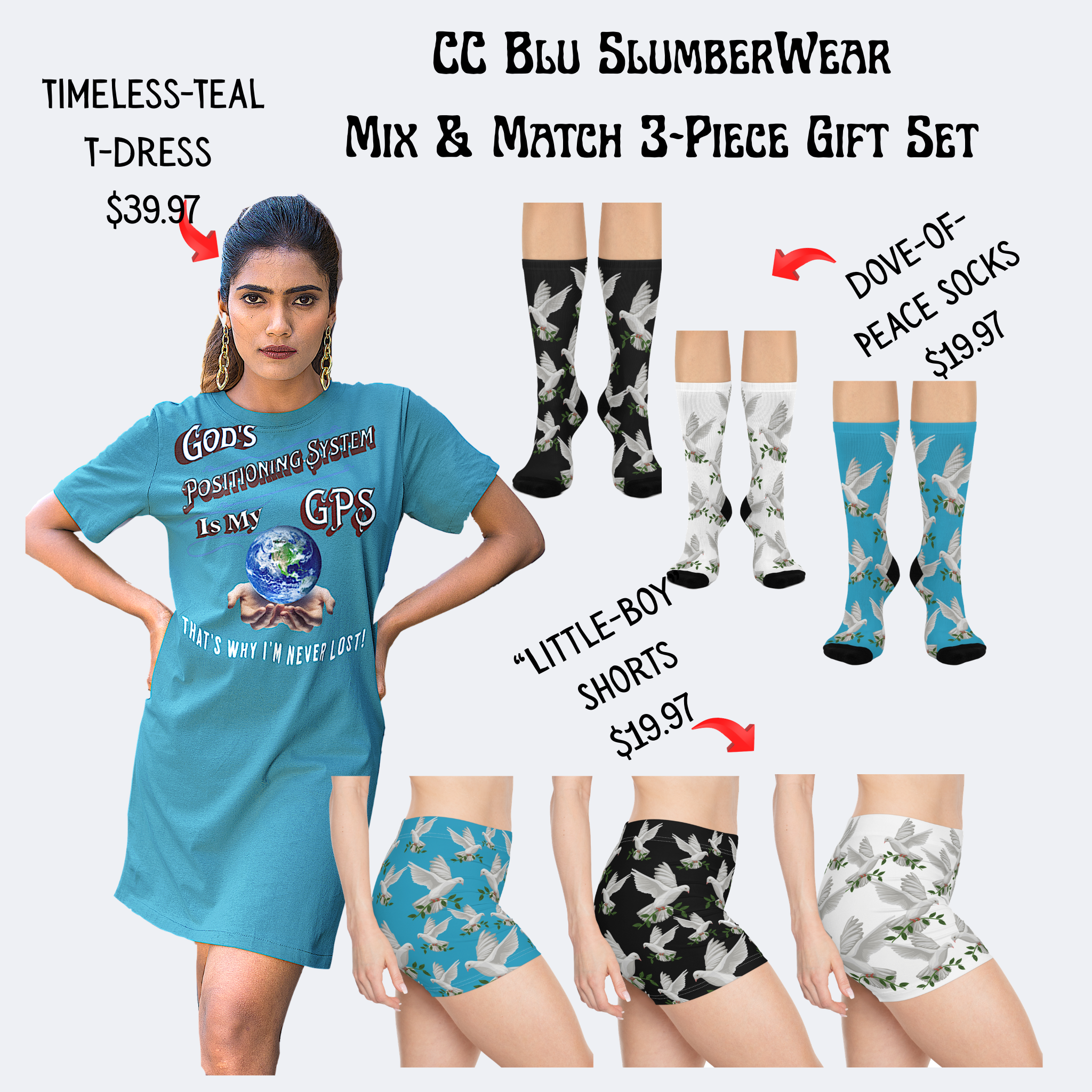 God's GPS Inspirational Women's Timeless Teal. "Little Boy" Shorts. Match Them With CC Blue SlumberWear With-A-Message.