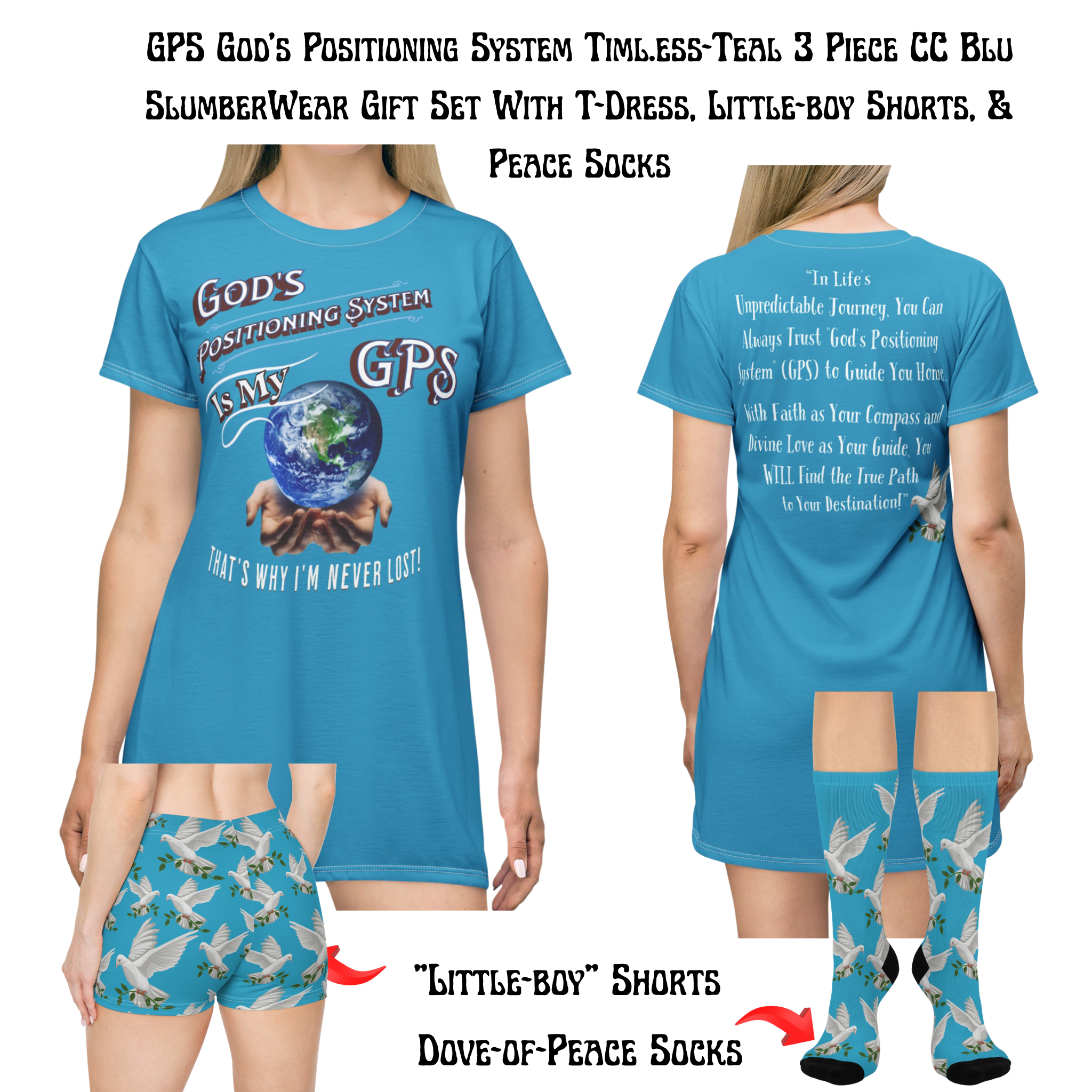 God's GPS Inspirational Women's Timeless Teal. "Little Boy" Shorts. Match Them With CC Blue SlumberWear With-A-Message.