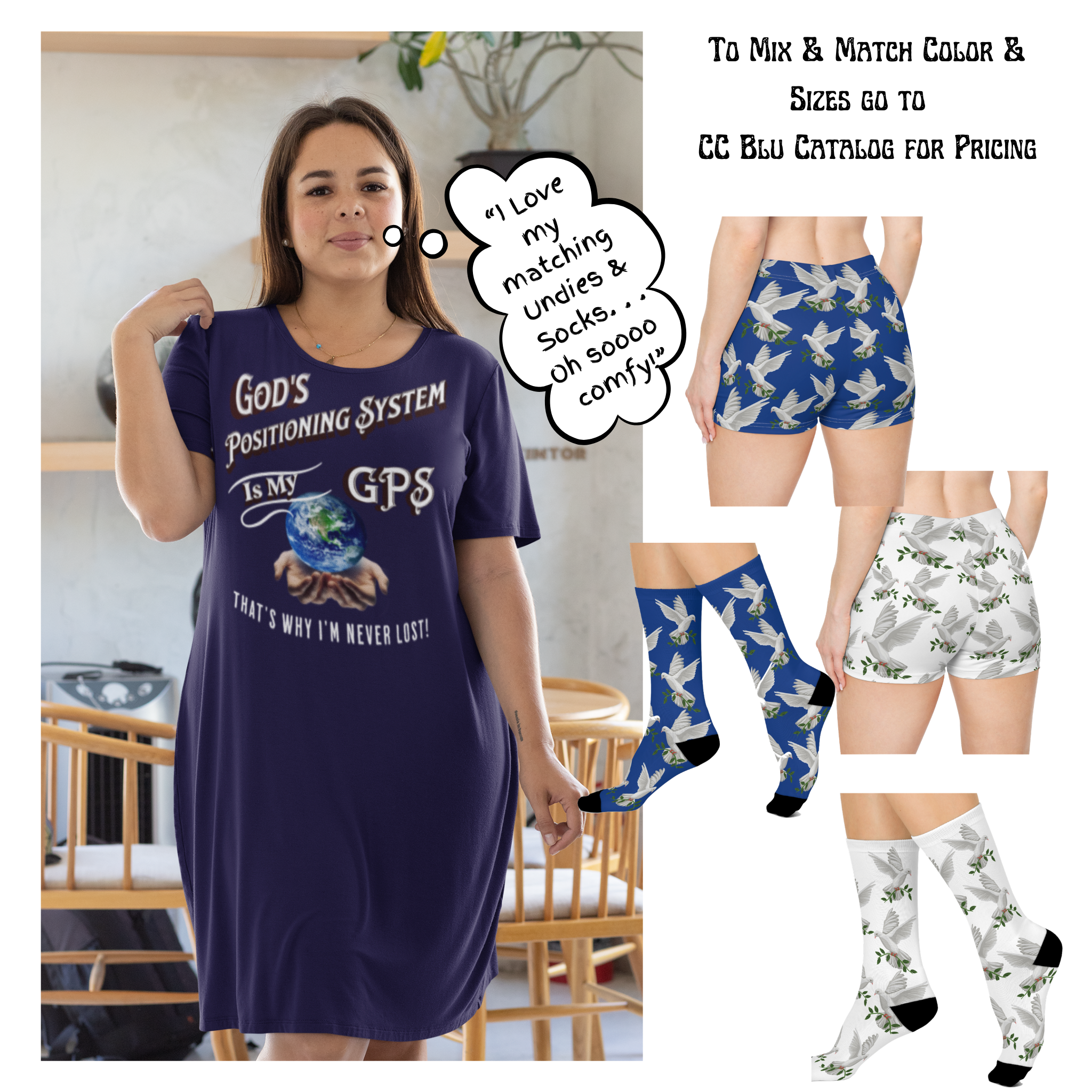 GPS: God's Positioning System Gifted Grey Peace Socks, Cushioned Heel-&-Toe Made To Mix & Match CC Blu's Sleep-Tops & Panties.