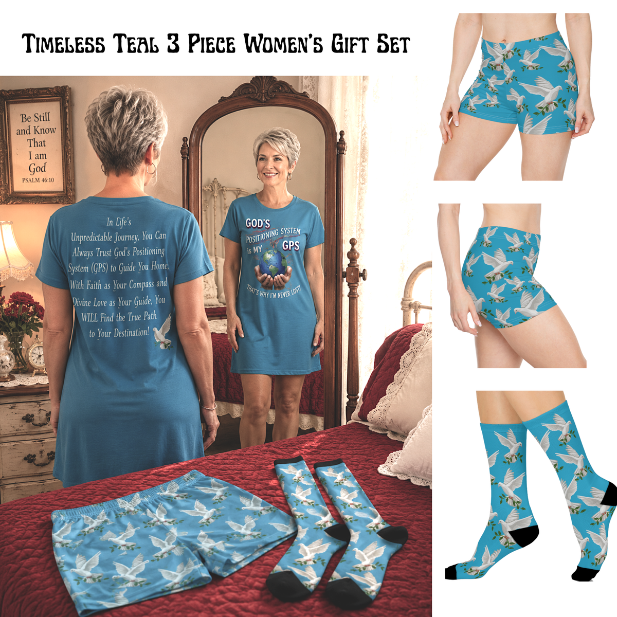 God's GPS Inspirational Women's Timeless Teal. "Little Boy" Shorts. Match Them With CC Blue SlumberWear With-A-Message.