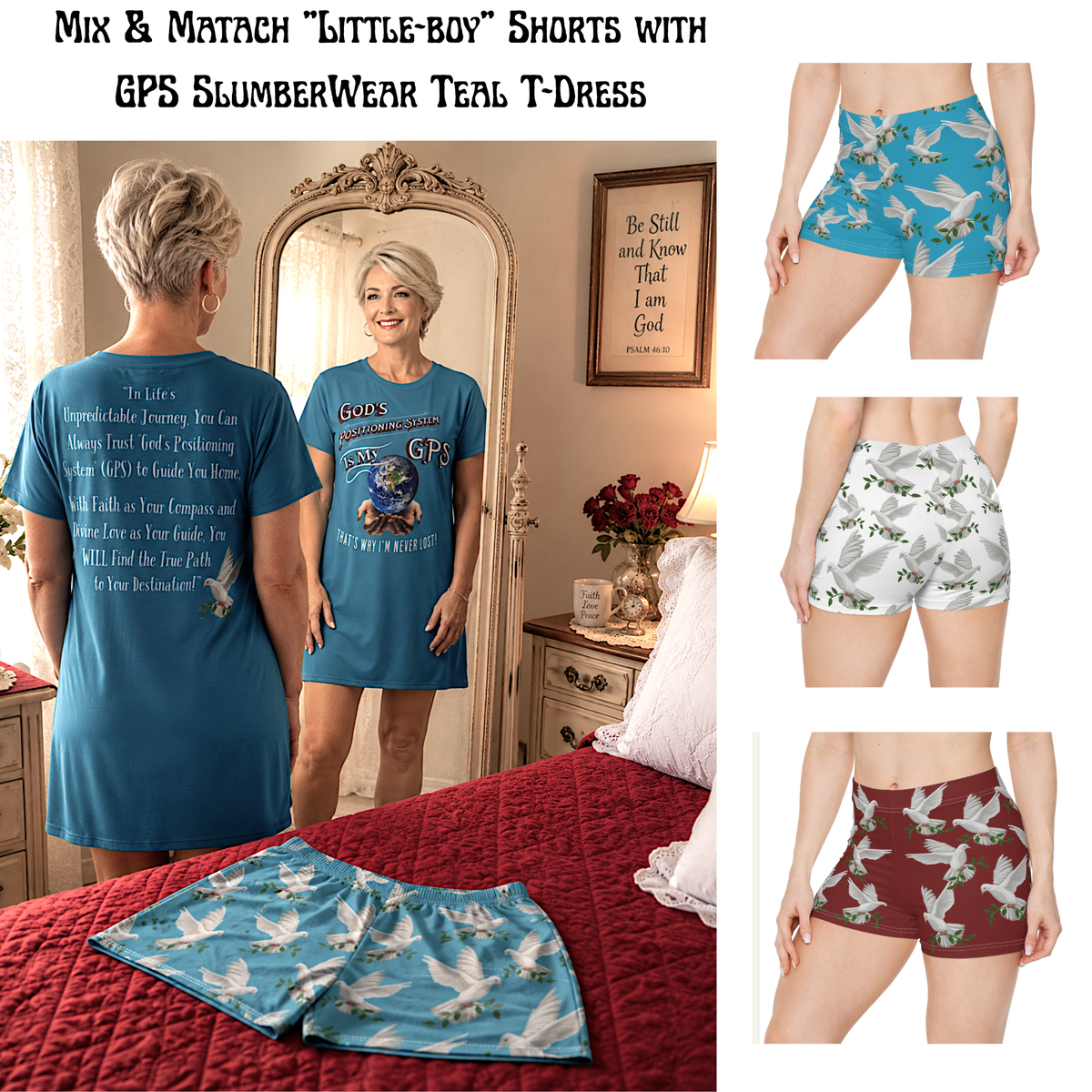 God's GPS Inspirational Women's Timeless Teal. "Little Boy" Shorts. Match Them With CC Blue SlumberWear With-A-Message.