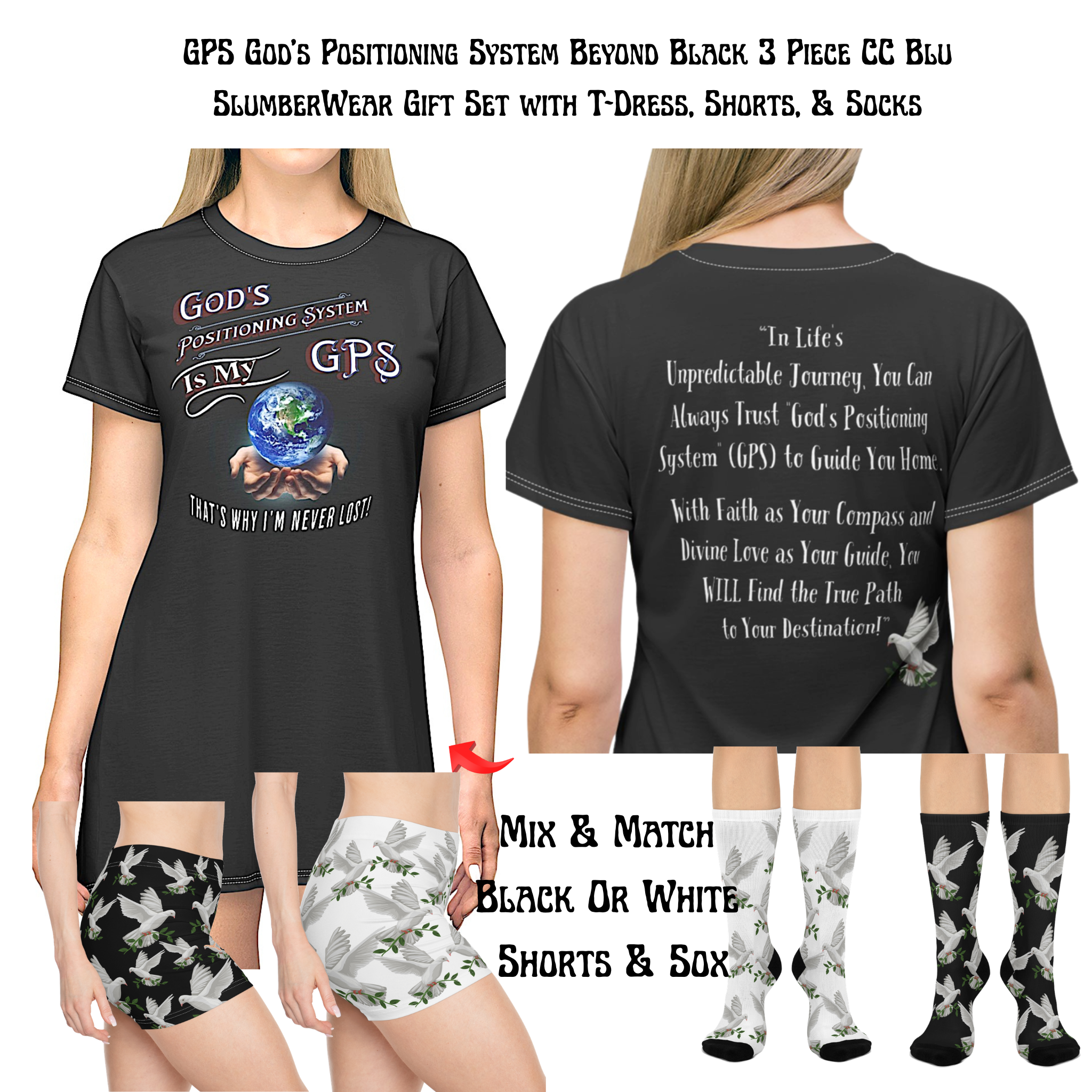 God's Positioning System-GPS-Dove Of Peace Black Socks, Bring Style To Your Feet! Match It-With With CC Blu's Sleeper T-Dress.