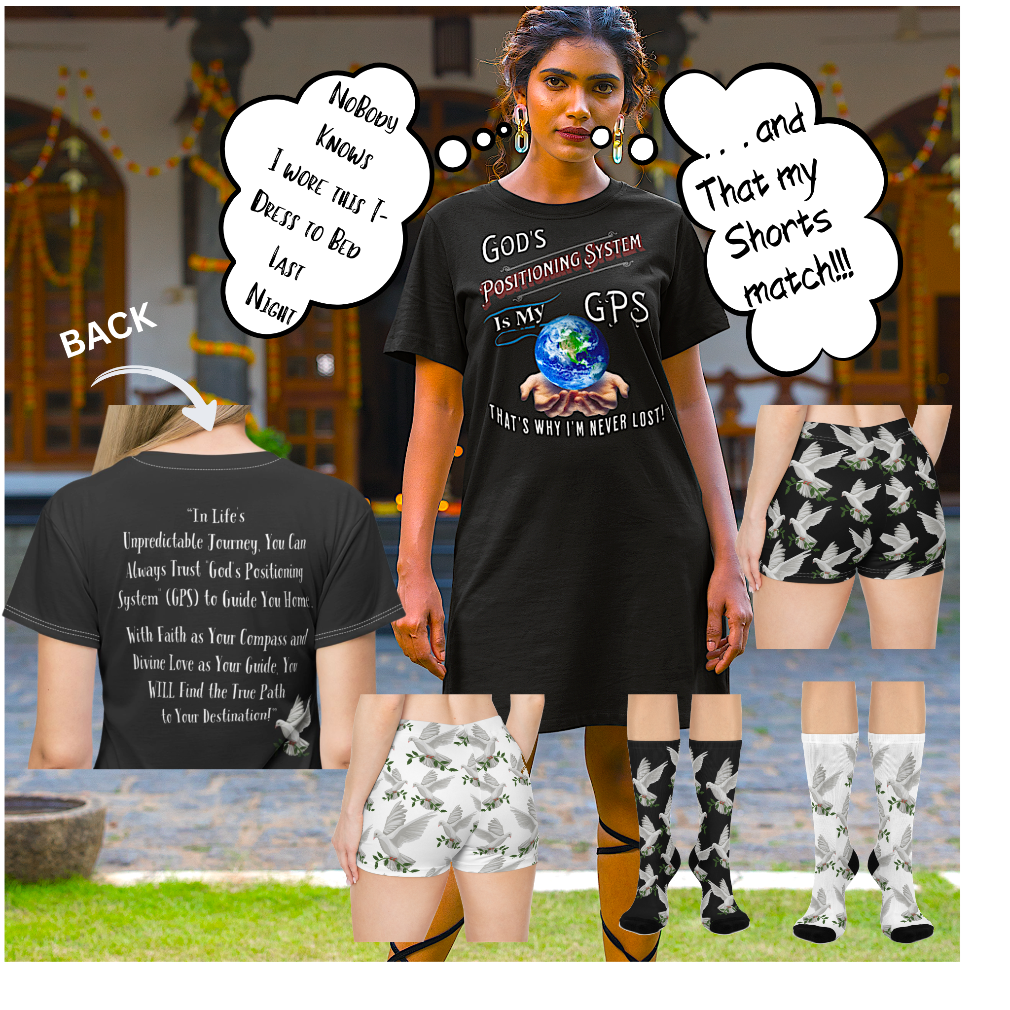 God's Positioning System-GPS-Dove Of Peace Black Socks, Bring Style To Your Feet! Match It-With With CC Blu's Sleeper T-Dress.
