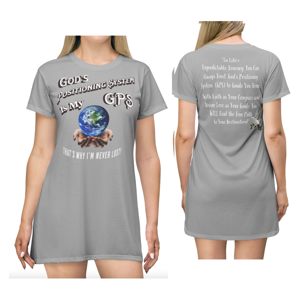 GPS God's Positioning System Gifted Grey SleeperT-Dress With-A-Message. Match With CC Blu SlumberWear Sleep-Shorts & Socks.