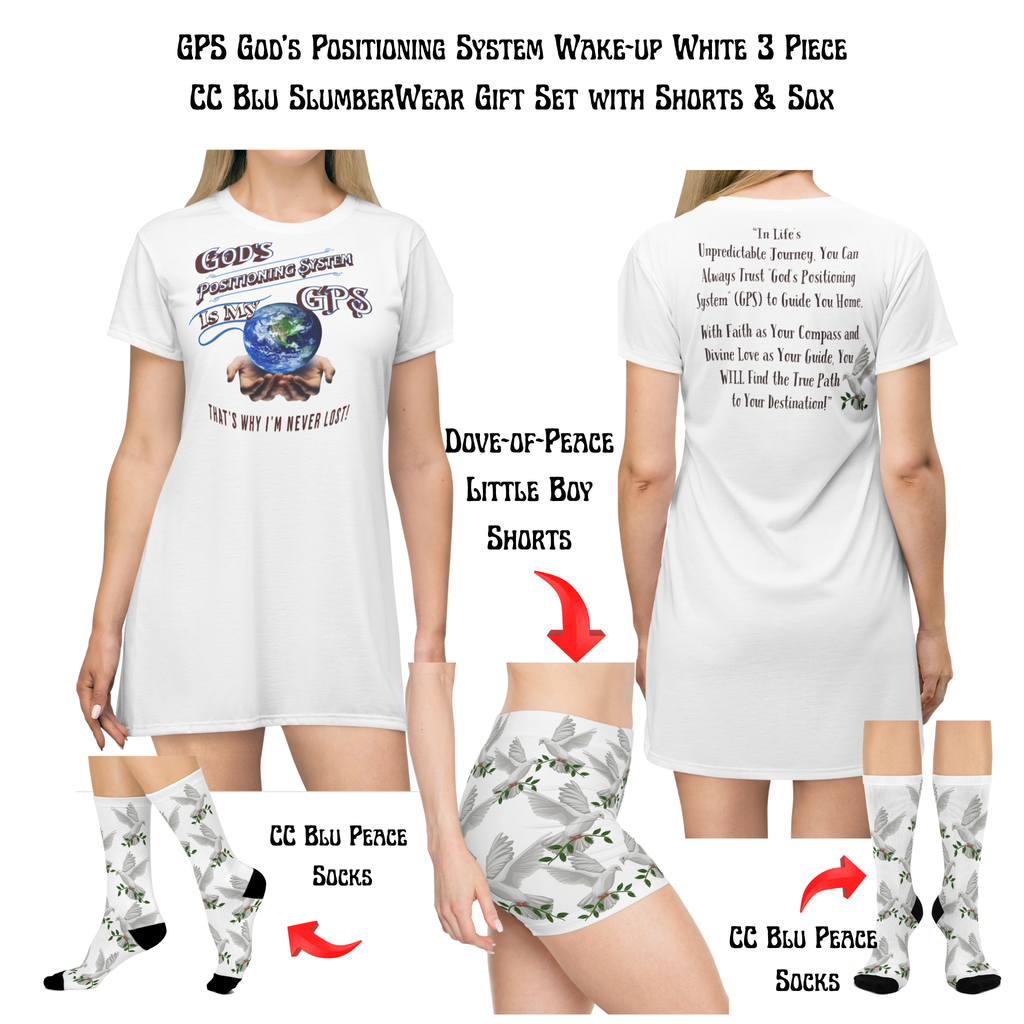 GPS God's Positioning System Whisper White SleeperT-Dress With-A-Message. Match With CC Blu SlumberWear Sleep-Shorts & Socks.
