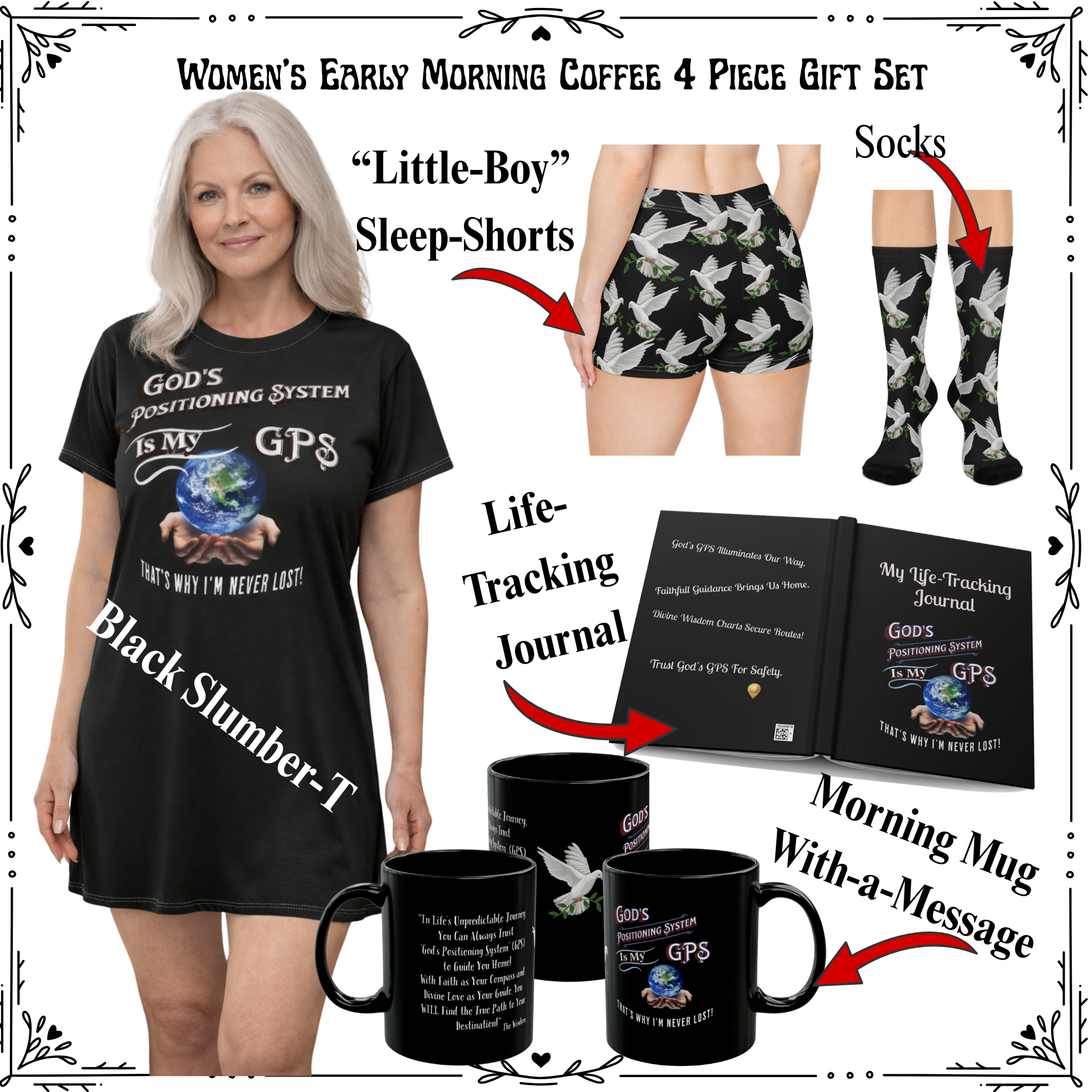 GPS God's Positioning Systems Inspirational Beyond Black Sleep-Shirt T-Dress With-A-Message. Match With CC Blu Undies & Socks