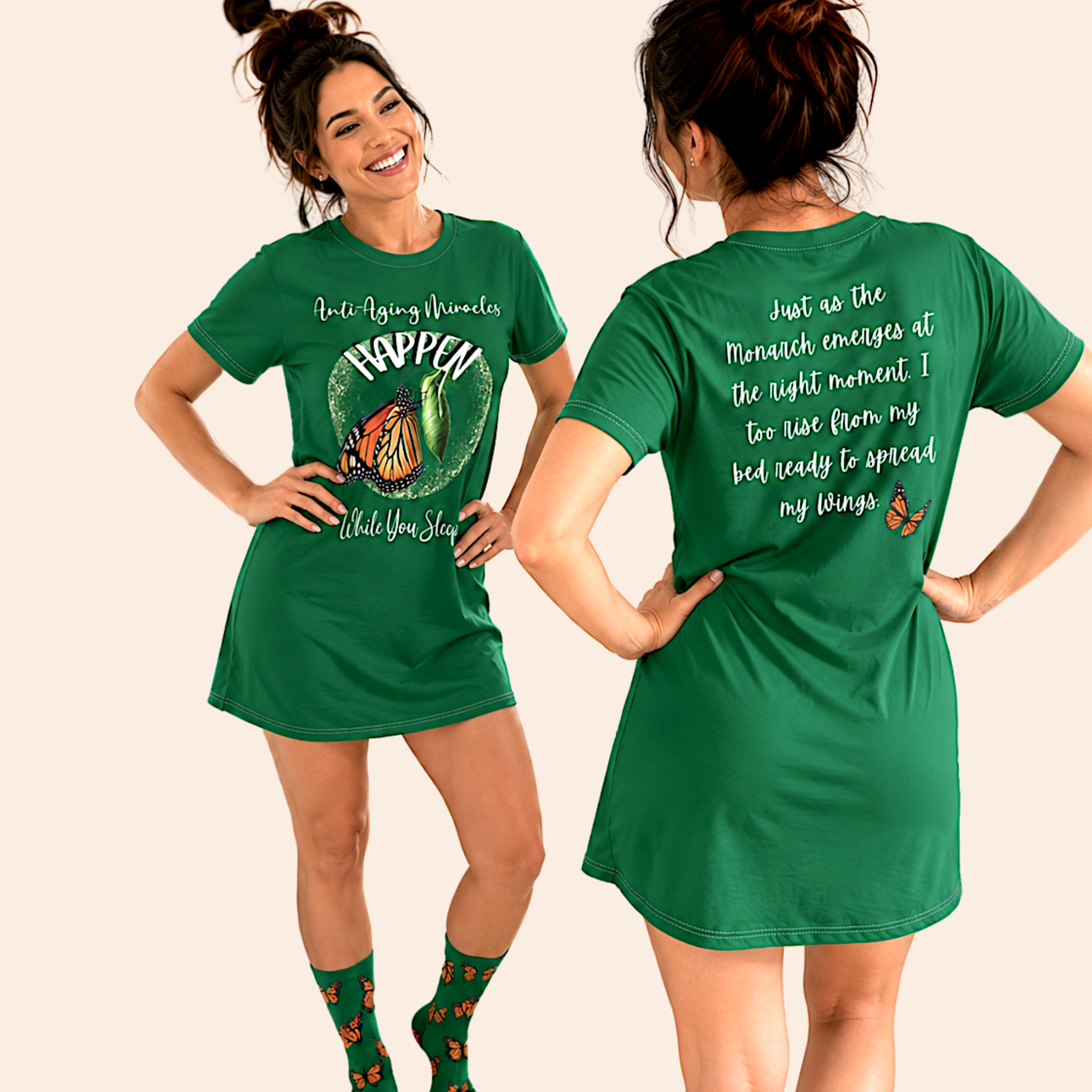 Monarch Miracle Green Goddess Sleeper T-Dress With-A-Message, Matches CC Blu's Green Goddess Shorts, Socks, & SlumberWear!