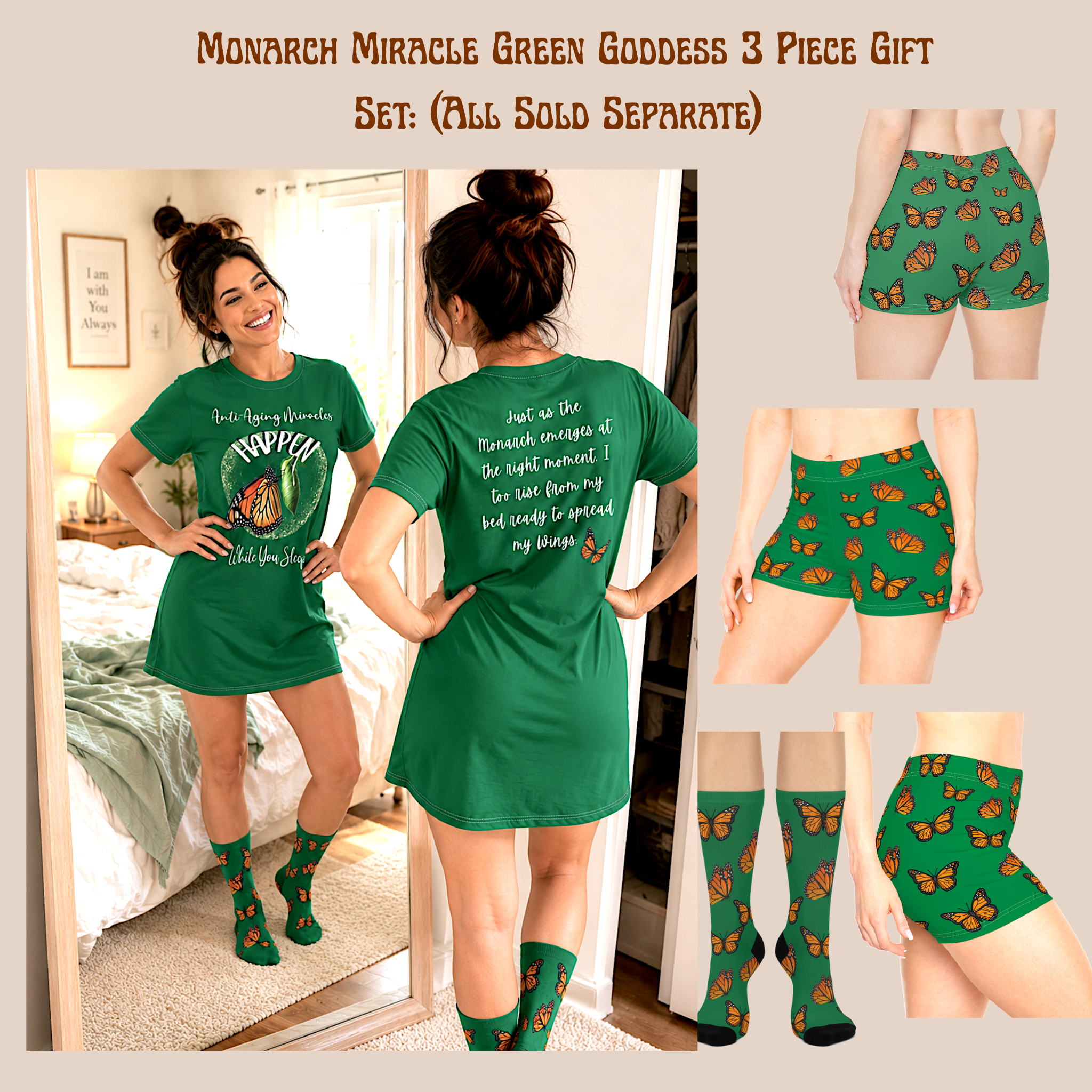 Monarch Miracle Green Goddess Sleeper T-Dress With-A-Message, Matches CC Blu's Green Goddess Shorts, Socks, & SlumberWear!