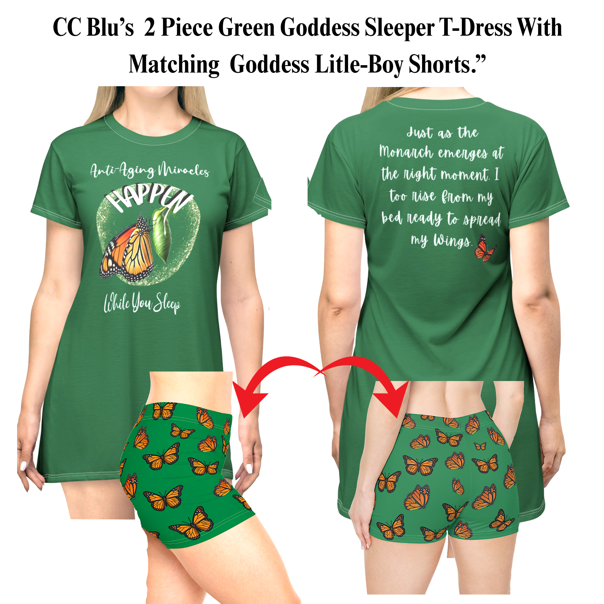 Monarch Miracle Green Goddess Sleeper T-Dress With-A-Message, Matches CC Blu's Green Goddess Shorts, Socks, & SlumberWear!