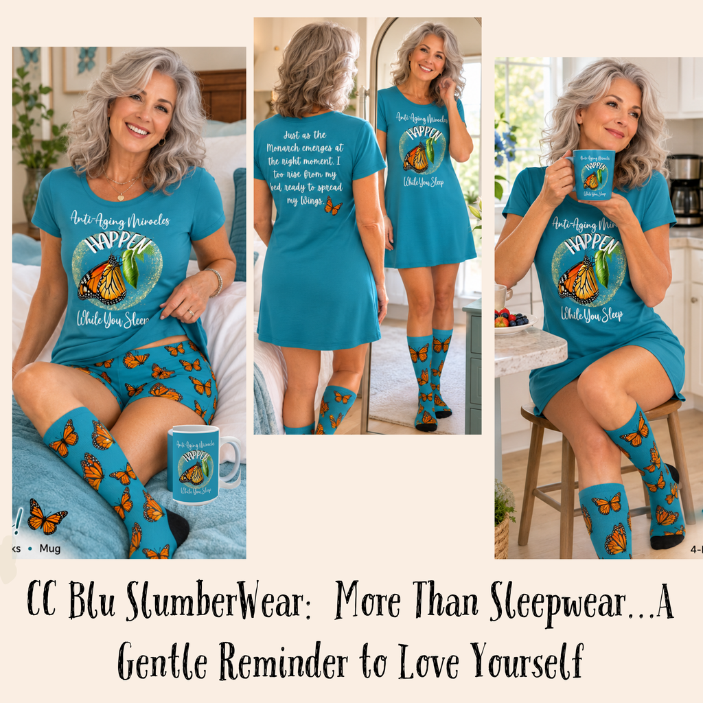 Women's Monarch Miracle Tantalizing Teal Inspirational Sleeper T-Dress With-A-Message! Mix & Match CC Blu's SlumberWear Shorts & Socks